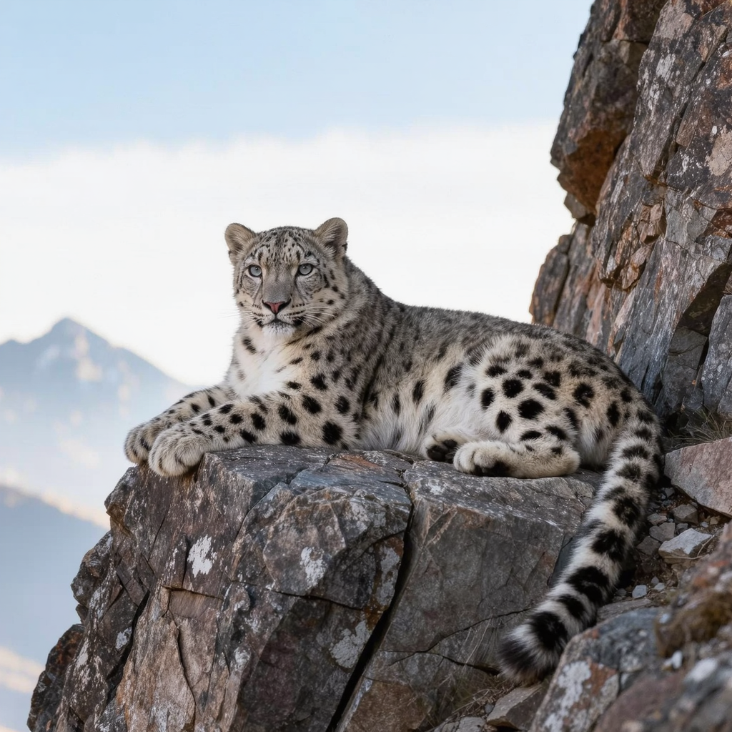 A majestic snow leopard resting on a rocky Himalayan ledge, piercing eyes, crisp wildlife photography