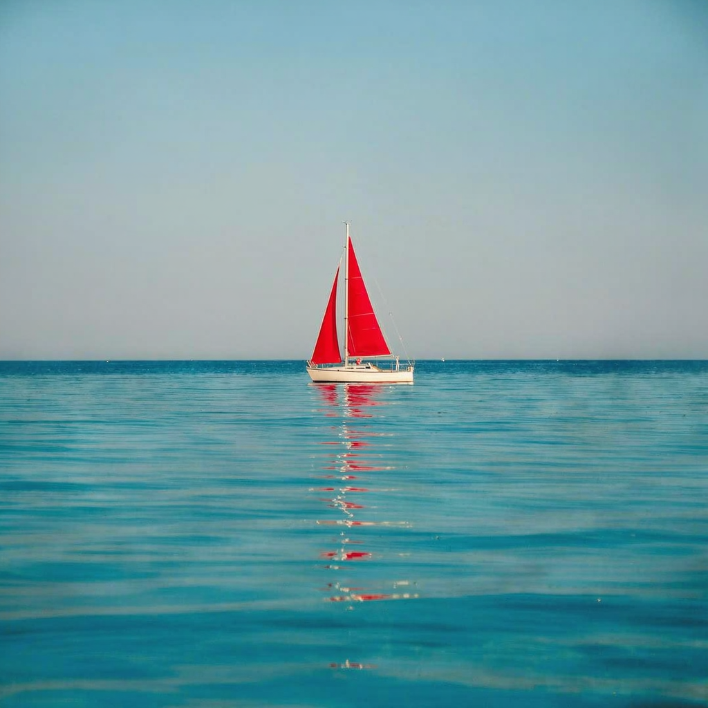 A lone red sailboat on a calm turquoise sea at golden hour, minimalist composition, gentle reflections