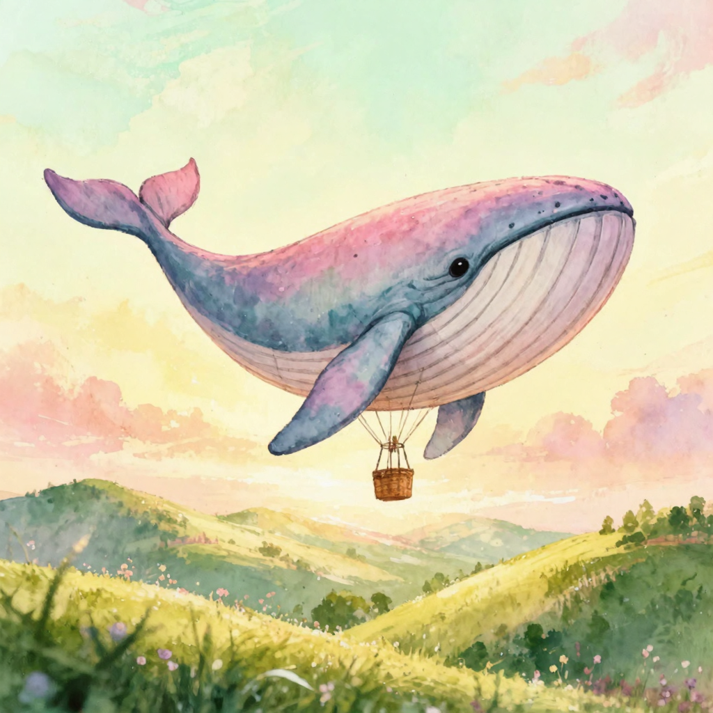 A whimsical hot air balloon shaped like a whale floating over rolling green hills, dreamy pastel sky