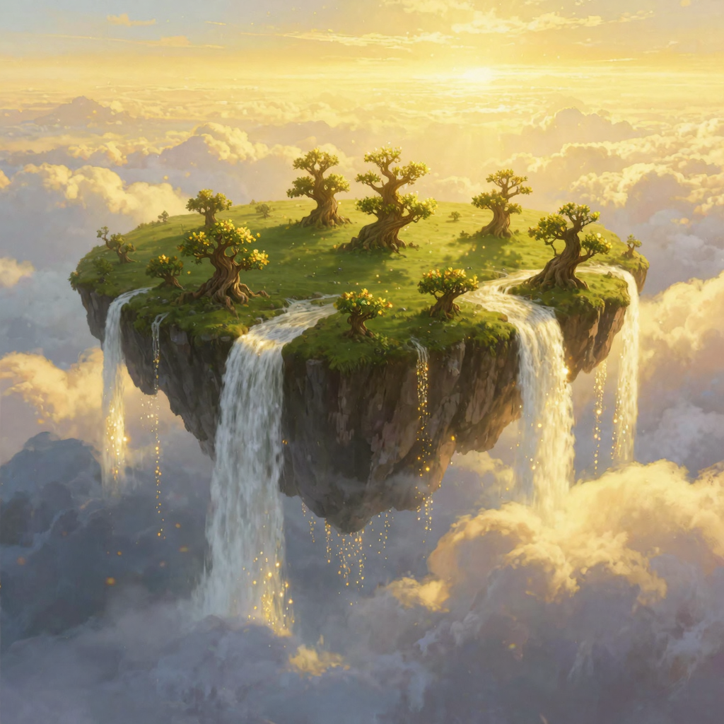 A surreal floating island with waterfalls spilling into the clouds, fantasy landscape, golden light