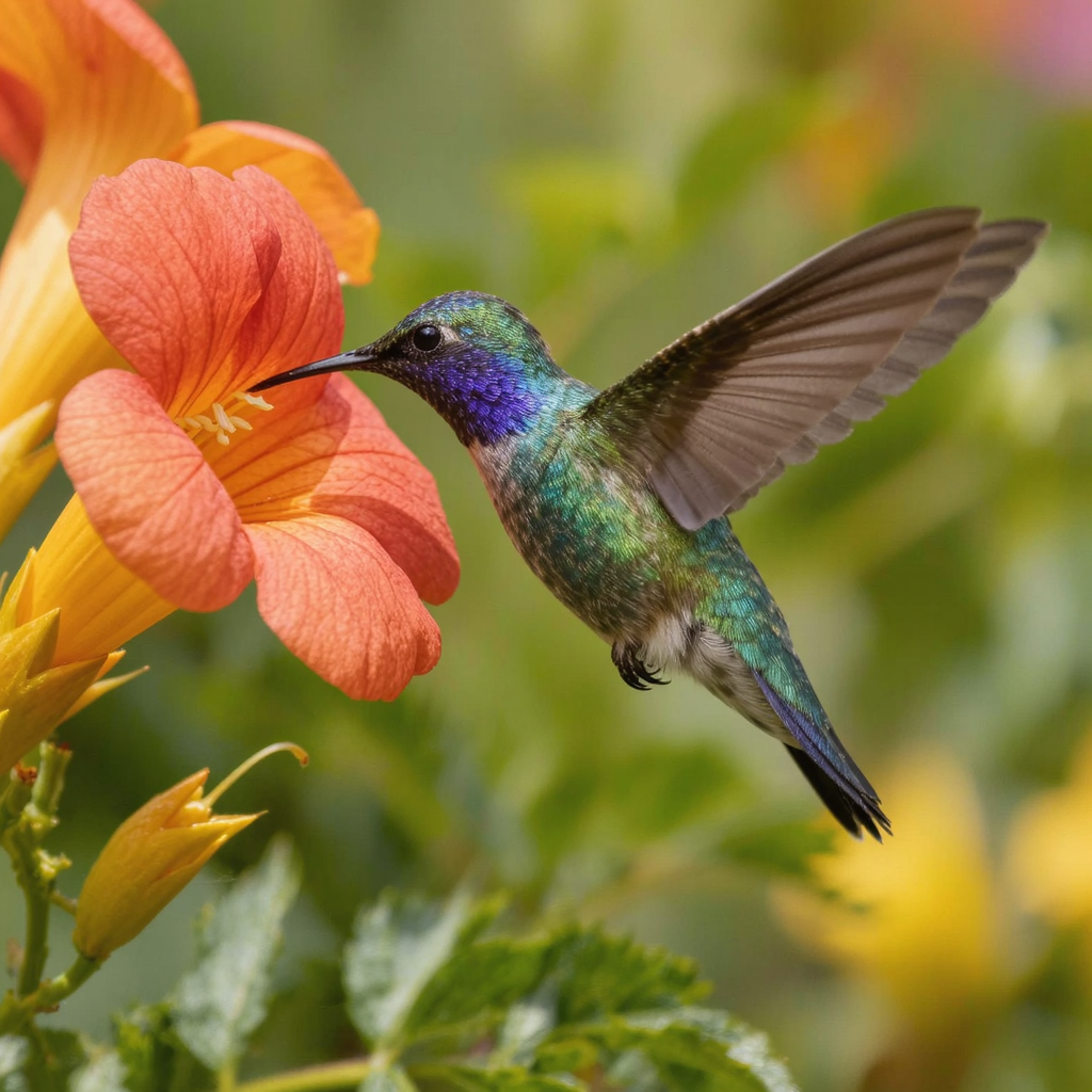 A delicate hummingbird hovering beside a trumpet flower, iridescent feathers, crisp macro photography