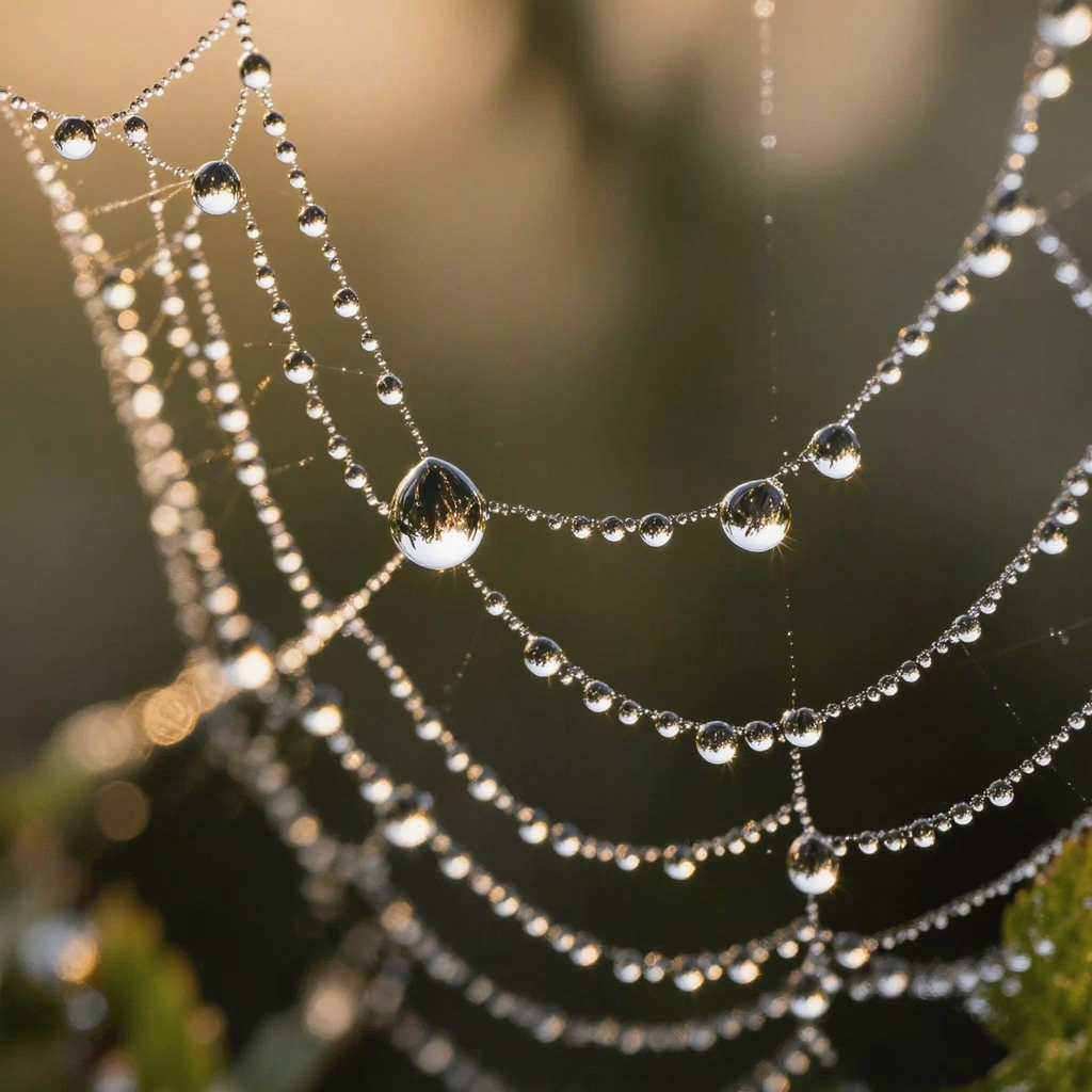 A close-up of dewdrops on a spider web at dawn, soft bokeh, macro nature photography