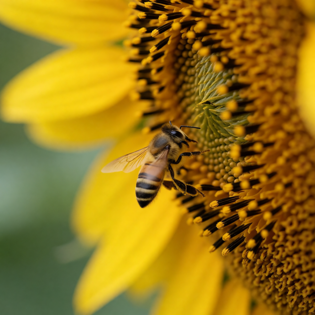 A close-up of a bee collecting pollen from a sunflower, wings mid-flutter, macro detail, soft bokeh