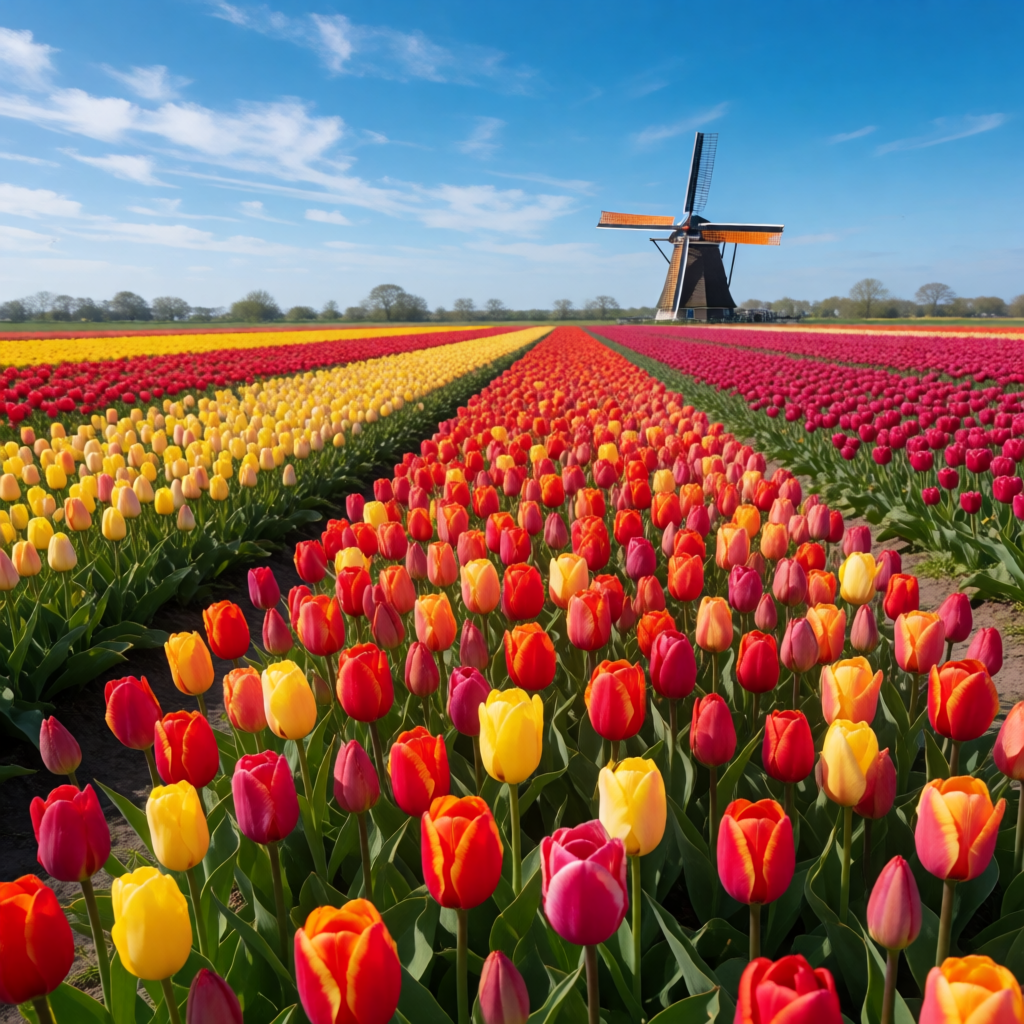 A field of vibrant tulips stretching to a windmill on the horizon, bright blue sky, Dutch countryside