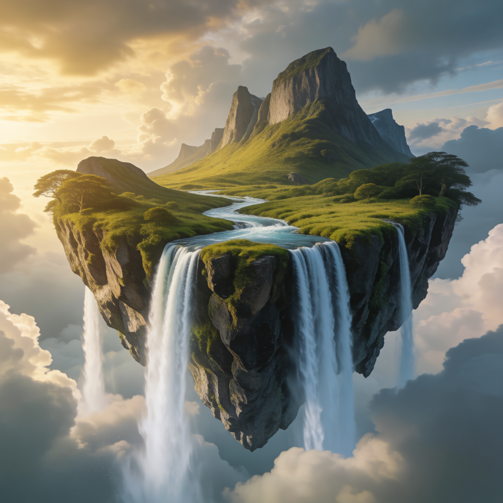 A surreal floating island with waterfalls spilling into the clouds, fantasy landscape, golden light