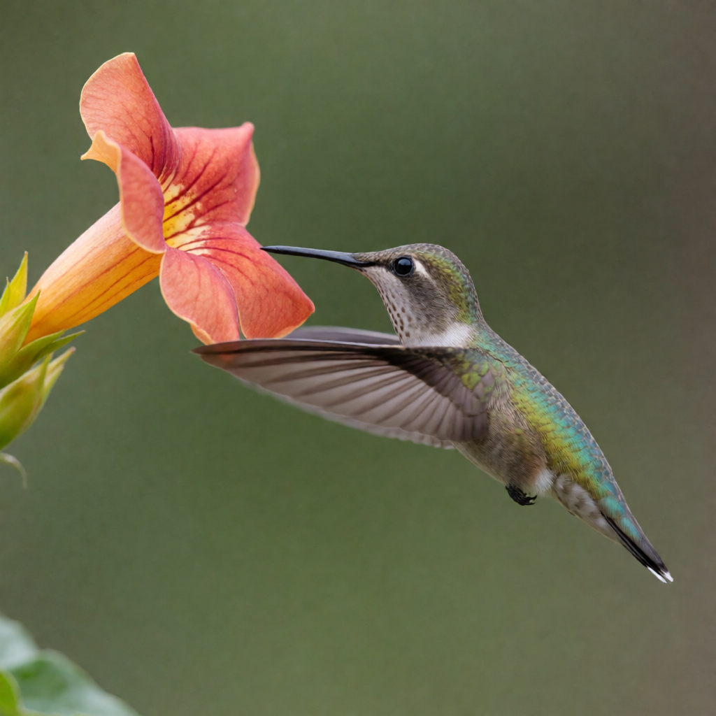 A delicate hummingbird hovering beside a trumpet flower, iridescent feathers, crisp macro photography