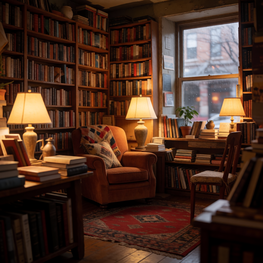 A cozy independent bookshop interior with warm lamplight and towering shelves, inviting reading nook