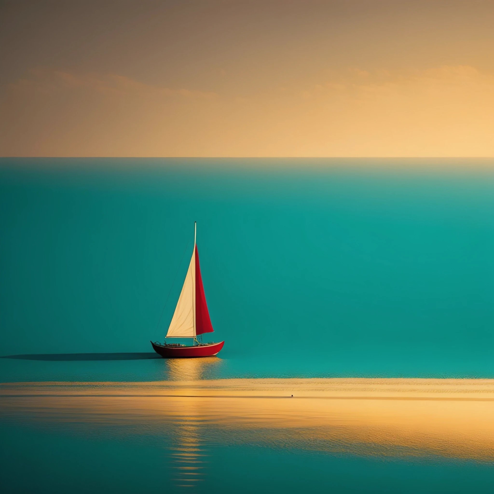 A lone red sailboat on a calm turquoise sea at golden hour, minimalist, gentle reflections