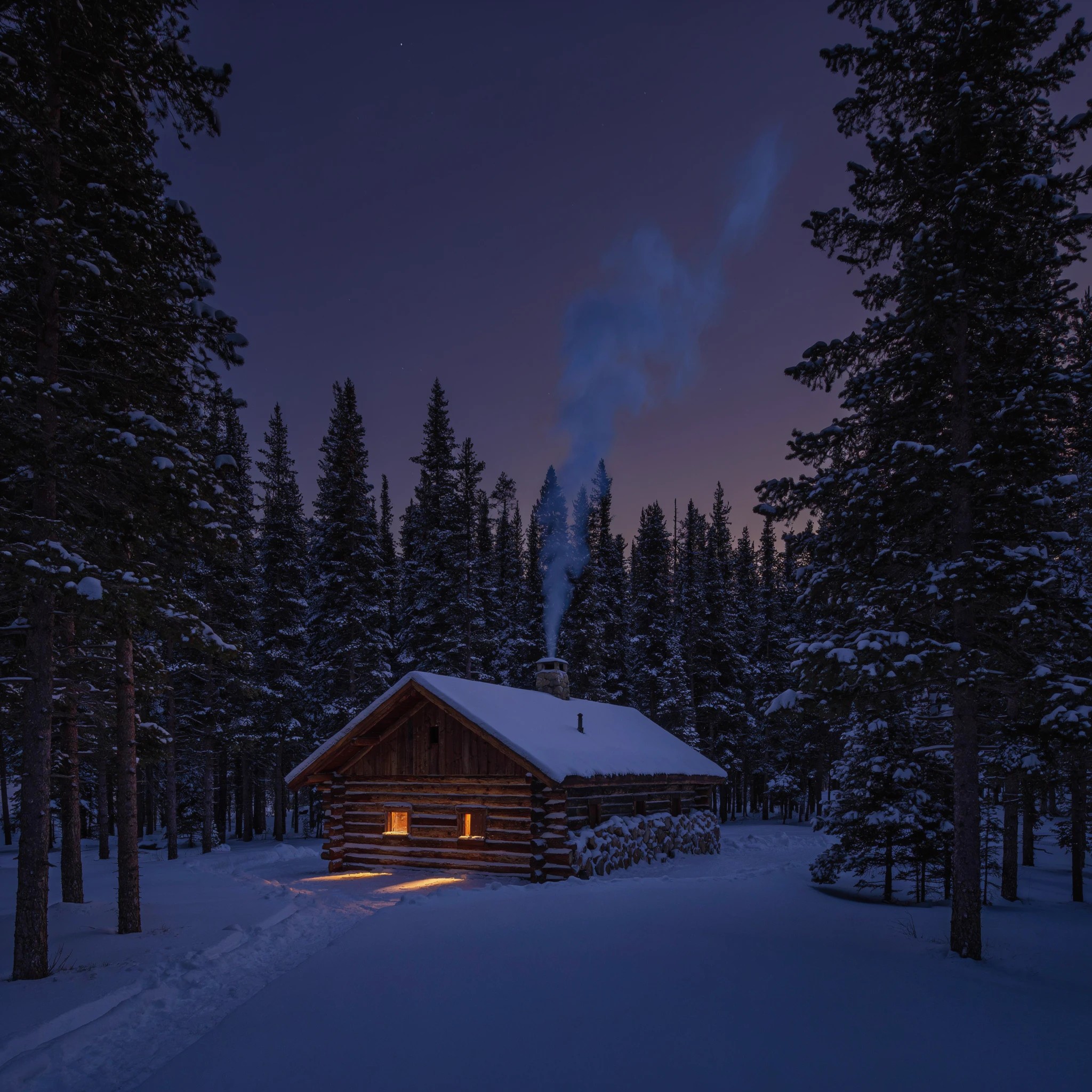 A snow-dusted log cabin glowing in a pine forest at twilight, chimney smoke