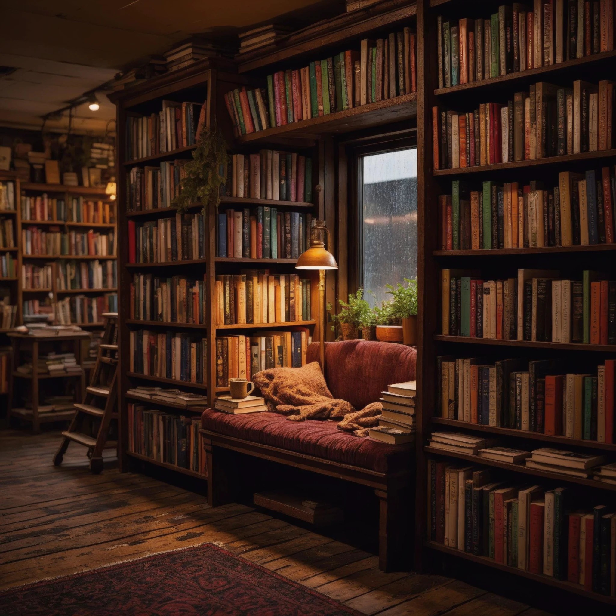 A cozy bookshop interior with warm lamplight and towering shelves, reading nook