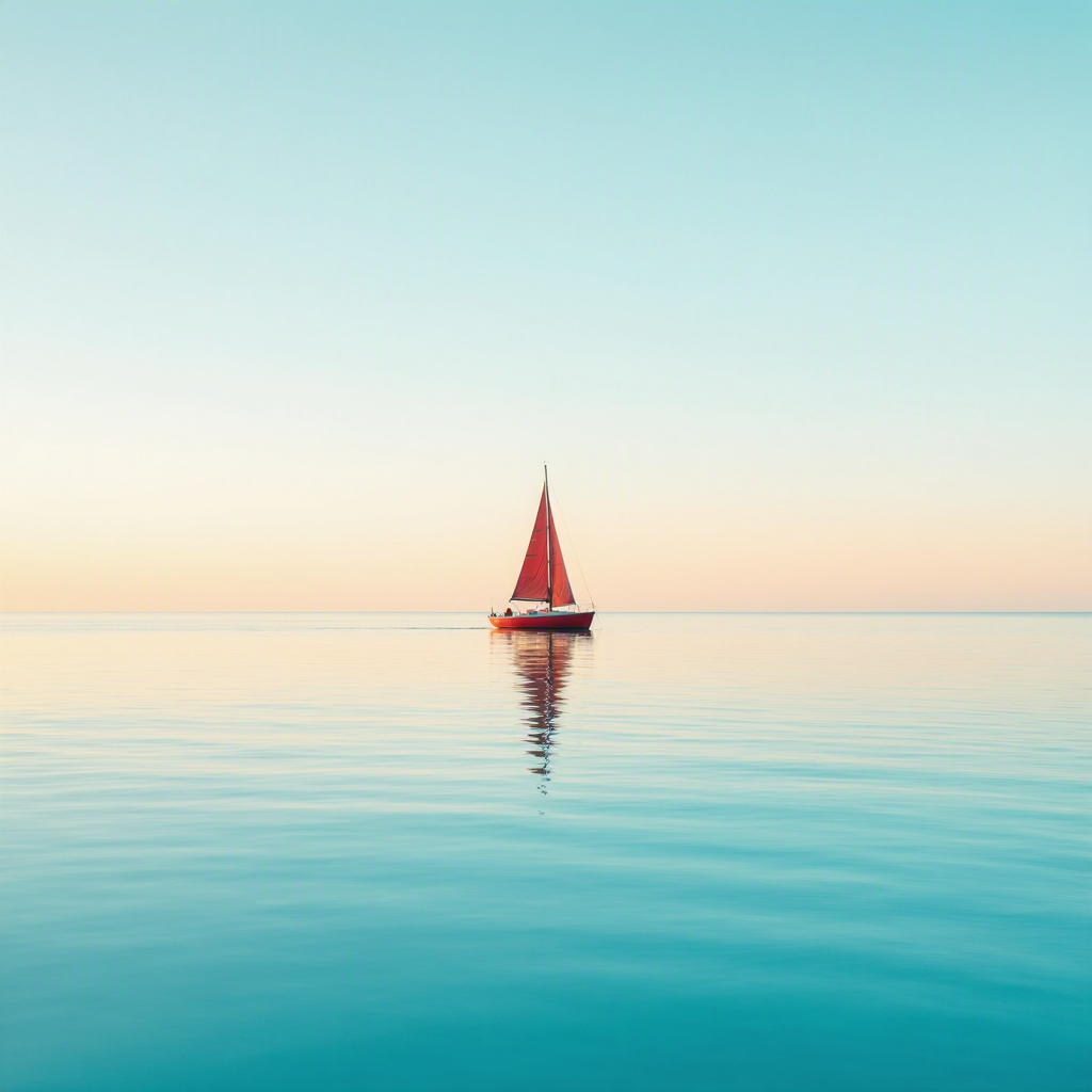 A lone red sailboat on a calm turquoise sea at golden hour, minimalist composition, gentle reflections