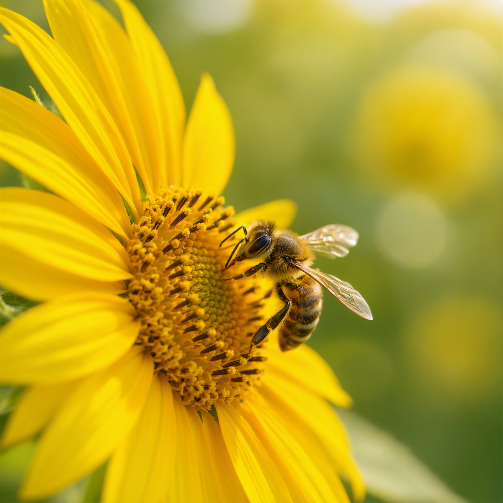 A close-up of a bee collecting pollen from a sunflower, wings mid-flutter, macro detail, soft bokeh