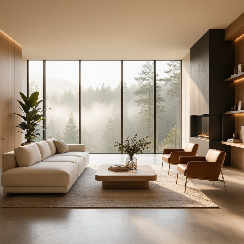 An elegant modern living room with floor-to-ceiling windows overlooking a misty forest, warm natural light
