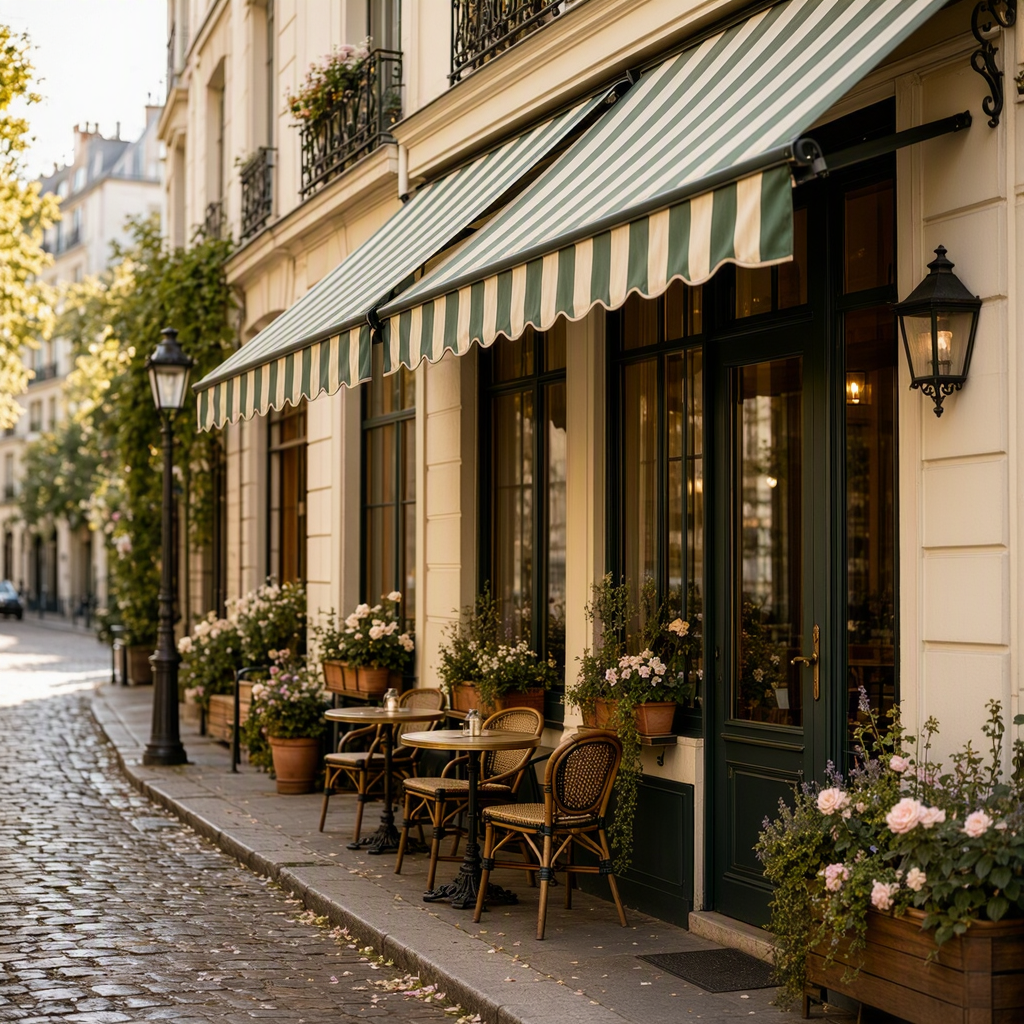 A charming Parisian cafe corner with a striped awning and flowers, cobblestone street, soft morning light