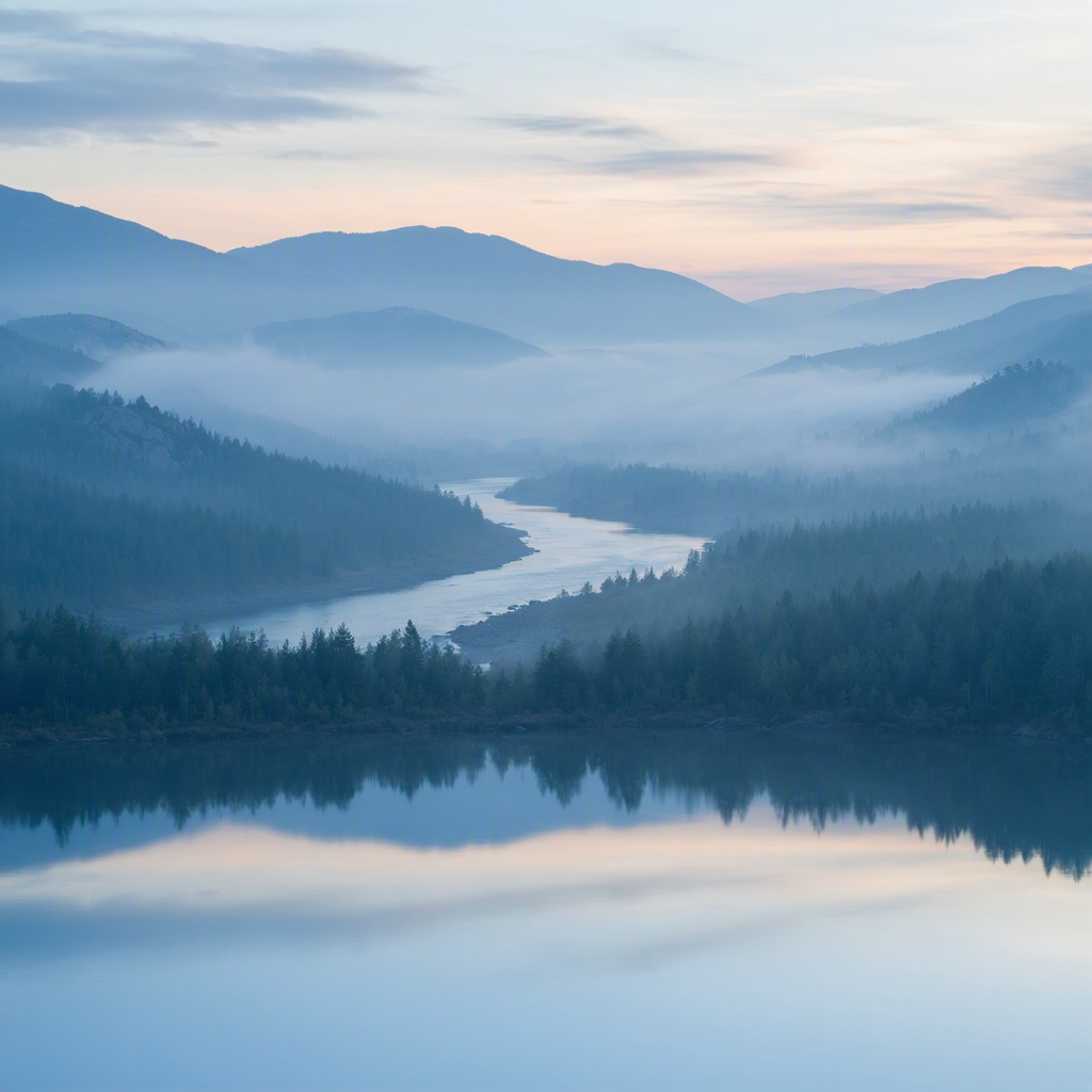 A misty mountain valley at dawn, layered ridgelines, a winding river through pine forest, soft light