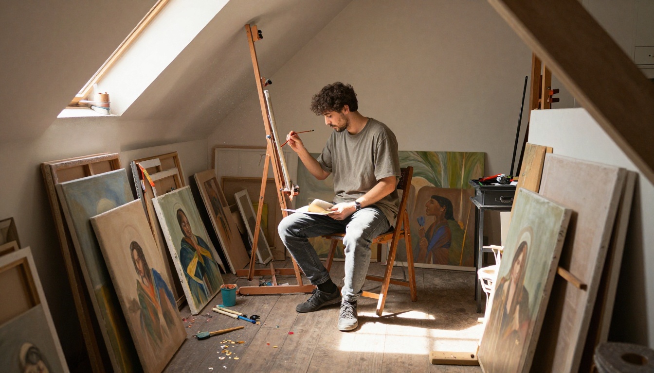 A cozy attic art studio bathed in afternoon sun, canvases and brushes everywhere, warm dust motes in the light