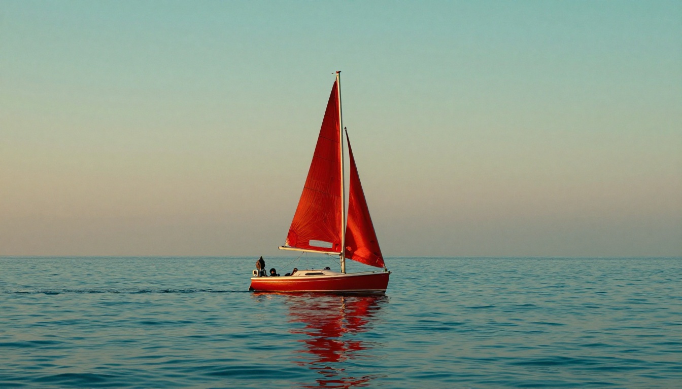A lone red sailboat on a calm turquoise sea at golden hour, minimalist composition, gentle reflections
