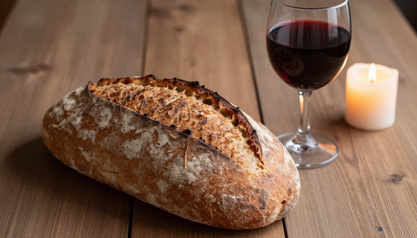 A rustic loaf of crusty bread and a glass of red wine on a wooden table, candlelit, moody food photography