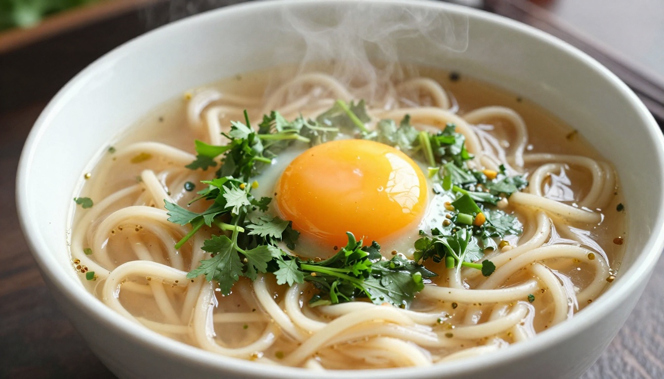 A detailed steaming bowl of ramen with fresh herbs and a soft egg, overhead shot, appetizing food photography