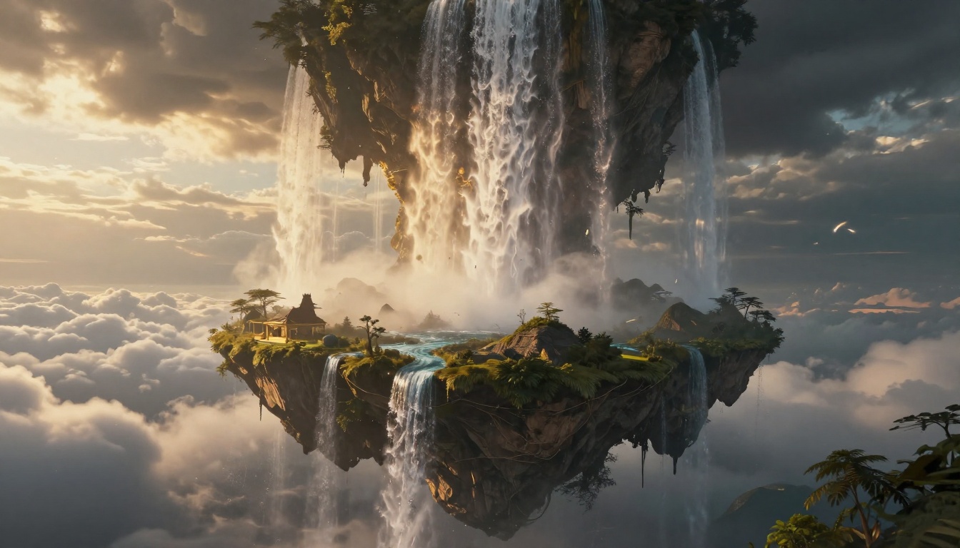 A surreal floating island with waterfalls spilling into the clouds, fantasy landscape, golden light