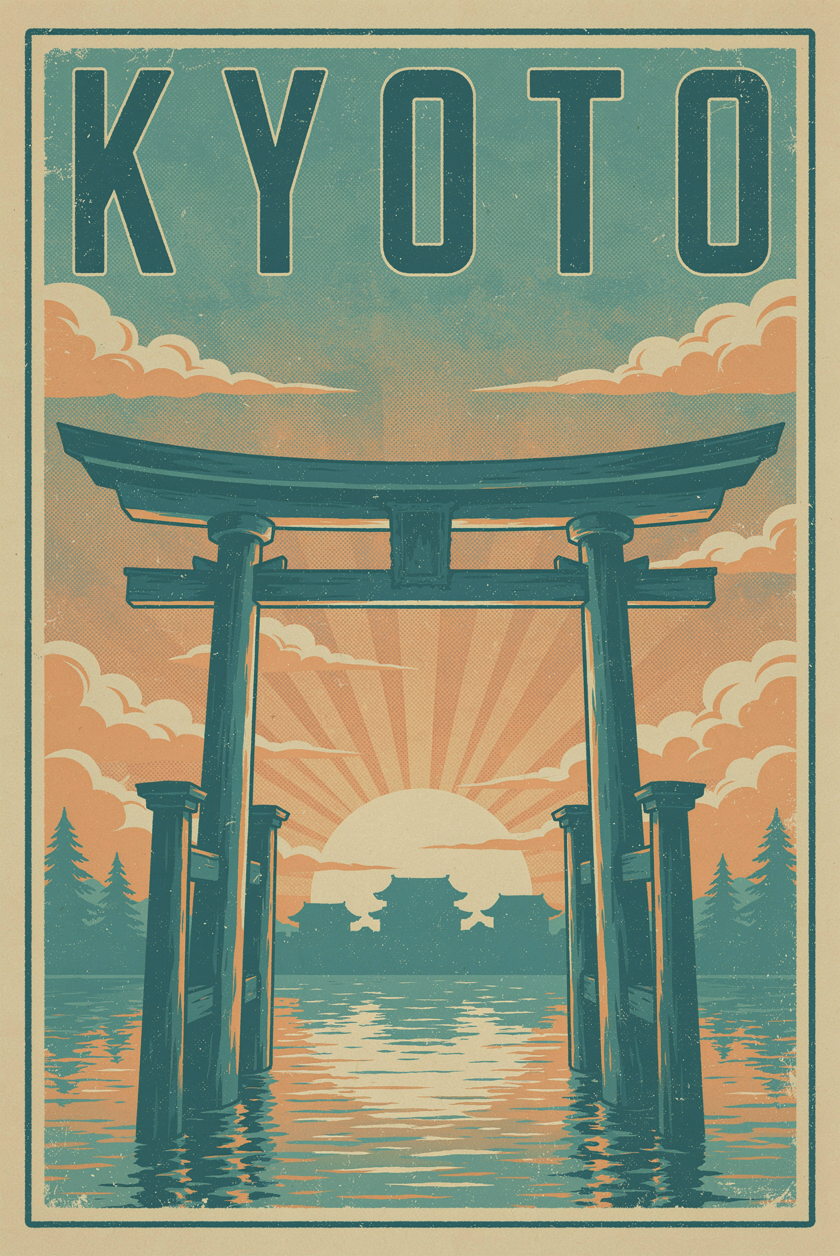 A vintage travel poster that reads "KYOTO" in tall condensed serif letters, torii gate at sunrise, muted teal and warm cream palette, screen-print texture, subtle paper grain