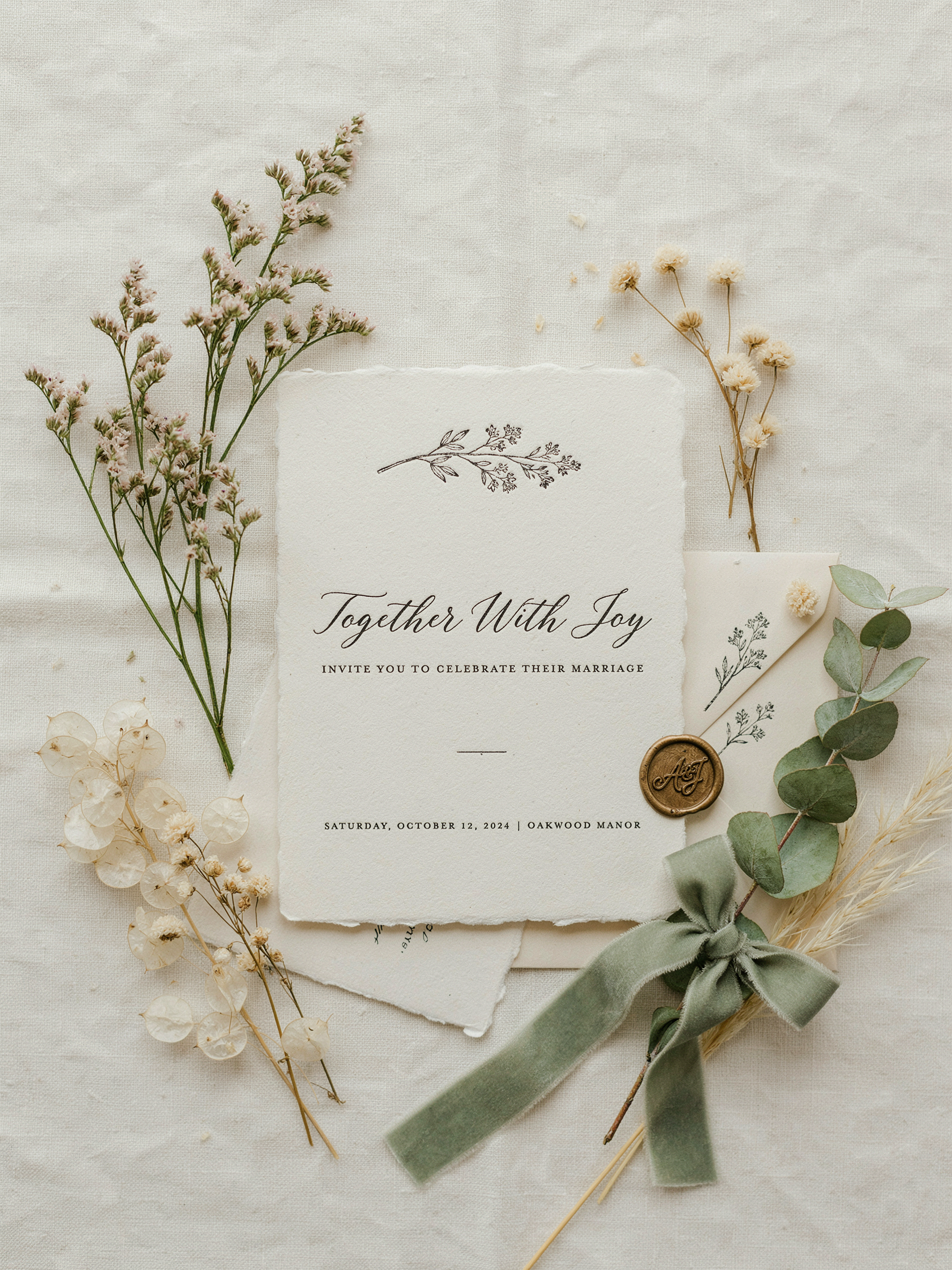 An elegant wedding invitation card reading "Together With Joy" in copperplate script, letterpress deckled edge, dried florals and sage ribbon arranged on ivory linen, overhead flat lay