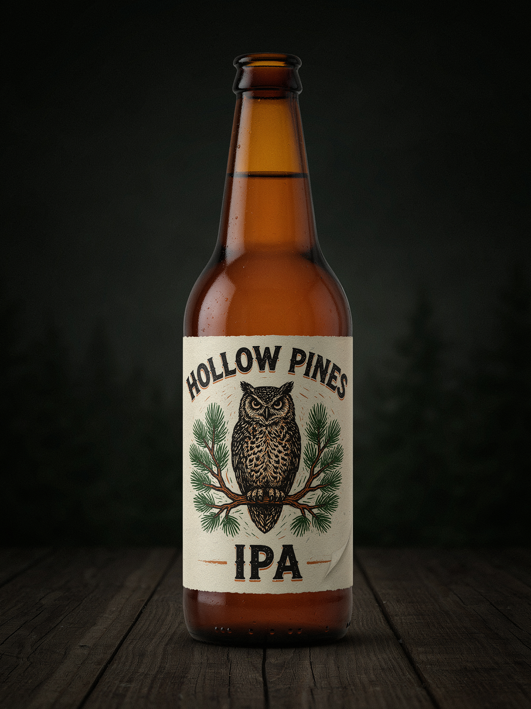 A craft beer label design reading "HOLLOW PINES IPA", woodcut illustration of an owl, three-color print, cream label on an amber bottle, dark moody backdrop