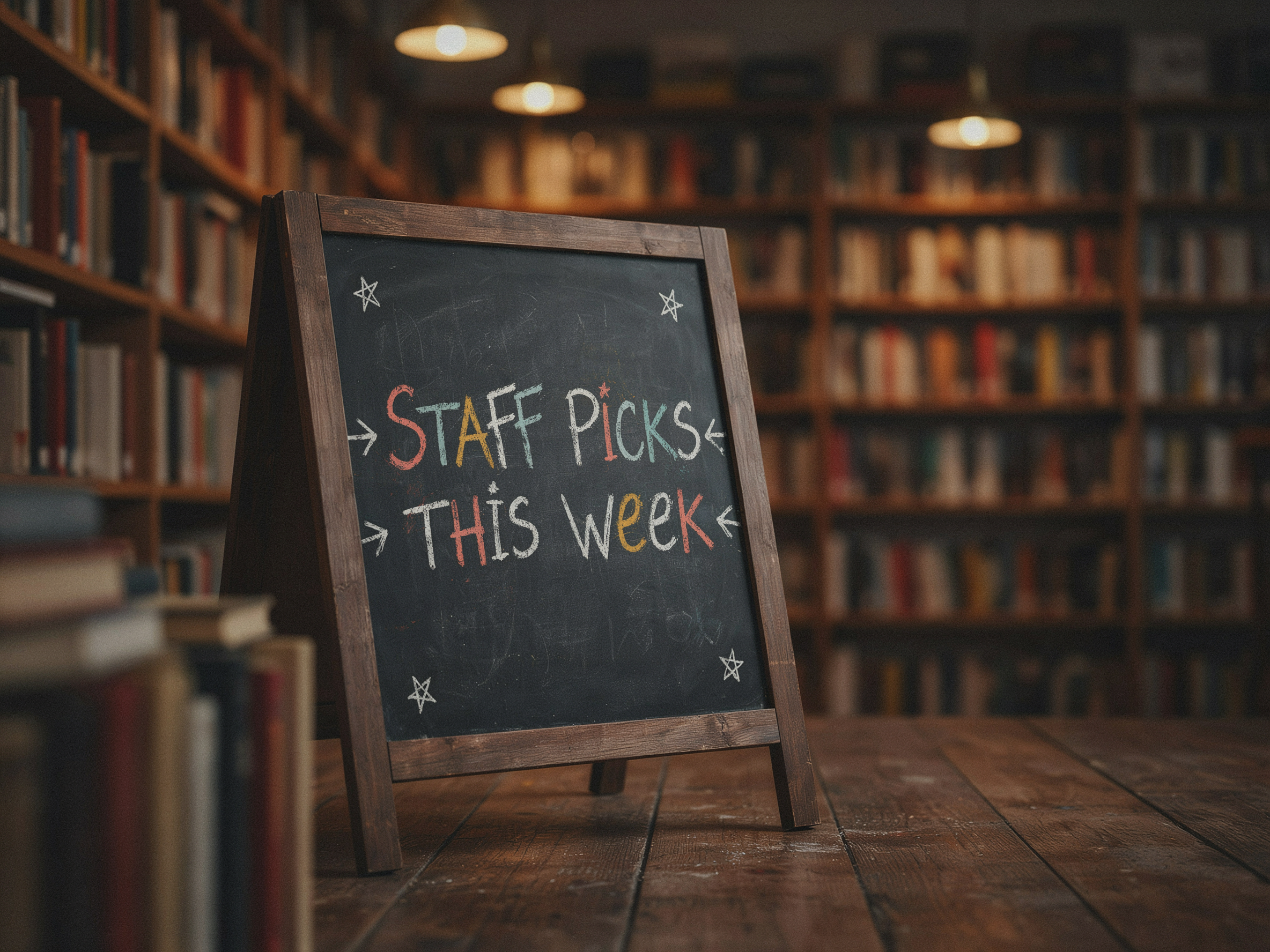 A bookstore chalkboard sign reading "STAFF PICKS THIS WEEK" in mixed hand-lettered styles with small doodles, warm indoor lighting, shelves softly blurred behind