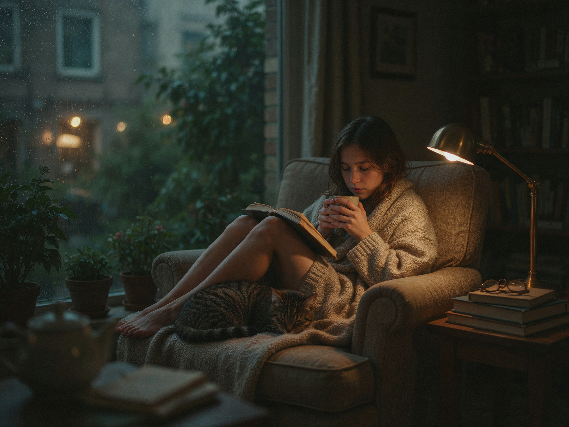A cozy reading nook by a rain-streaked window, knitted blanket, steaming mug, warm lamp glow, soft film grain, shallow depth of field