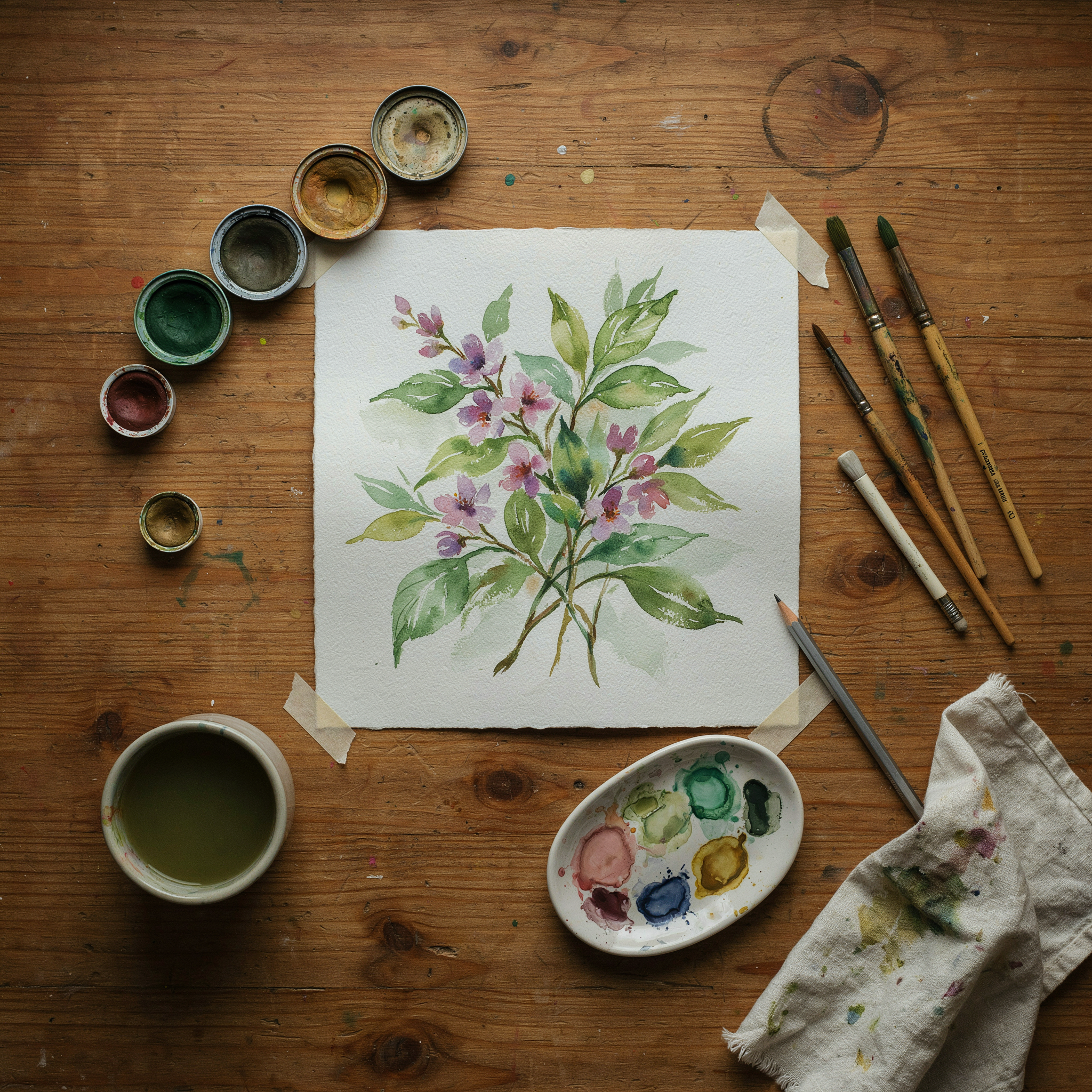 An overhead flat lay of watercolor supplies on a weathered oak desk, brushes, a ceramic water jar, half-finished botanical study, natural window light
