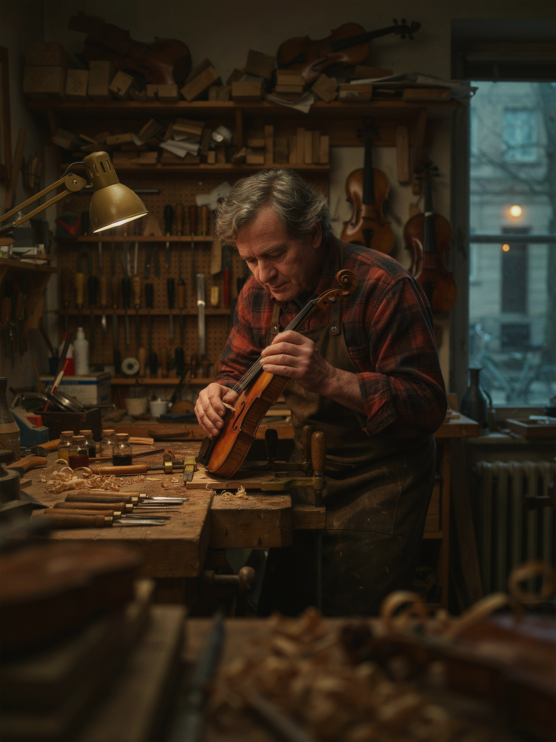 A portrait of an elderly luthier in his workshop, hands resting on an unfinished violin, warm tungsten light, wood shavings on the bench, 85mm shallow focus