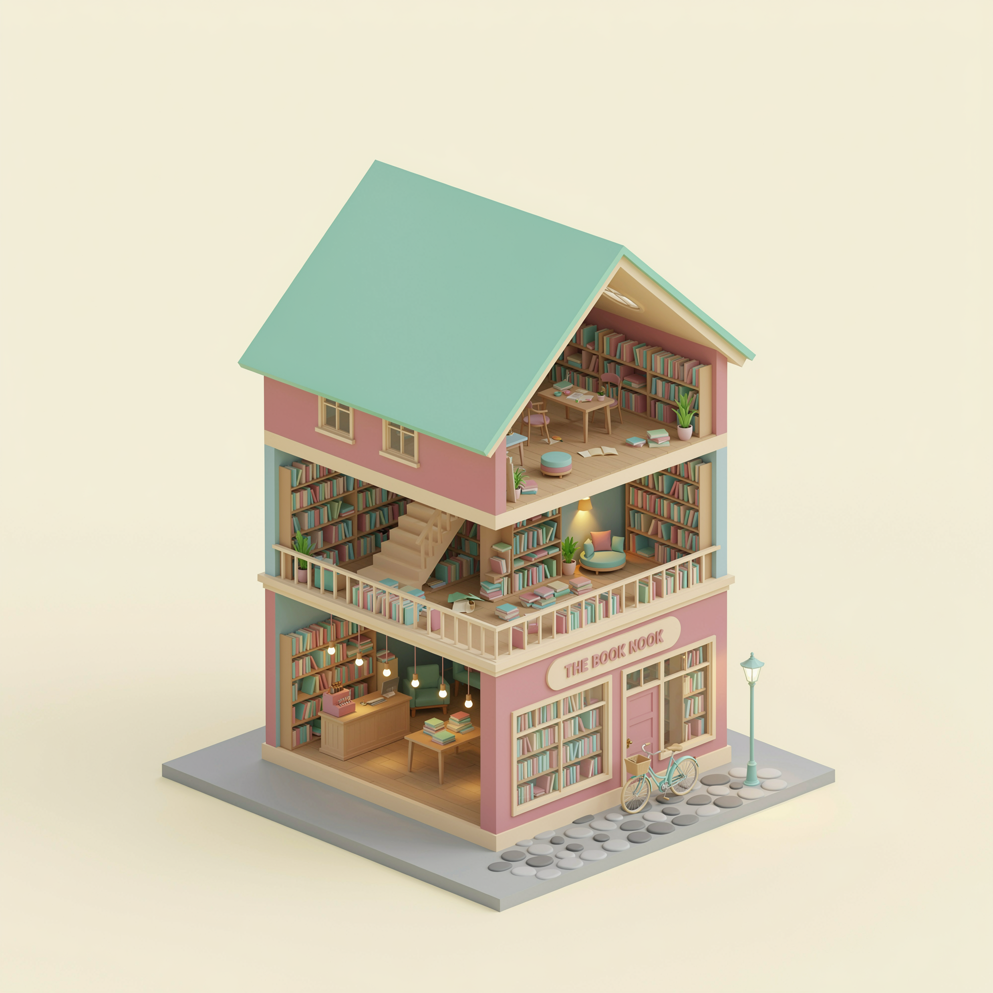 An isometric illustration of a tiny bookshop cutaway, three floors of shelves, warm interior lights, soft pastel palette, clean vector style