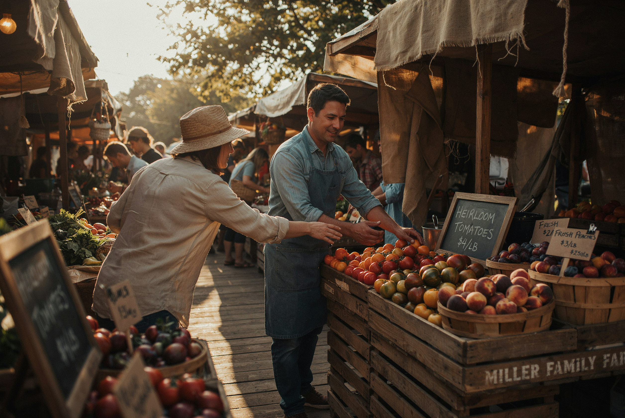 A farmers market stall at golden hour, crates of heirloom tomatoes and stone fruit, handwritten price cards, backlit dust in the air