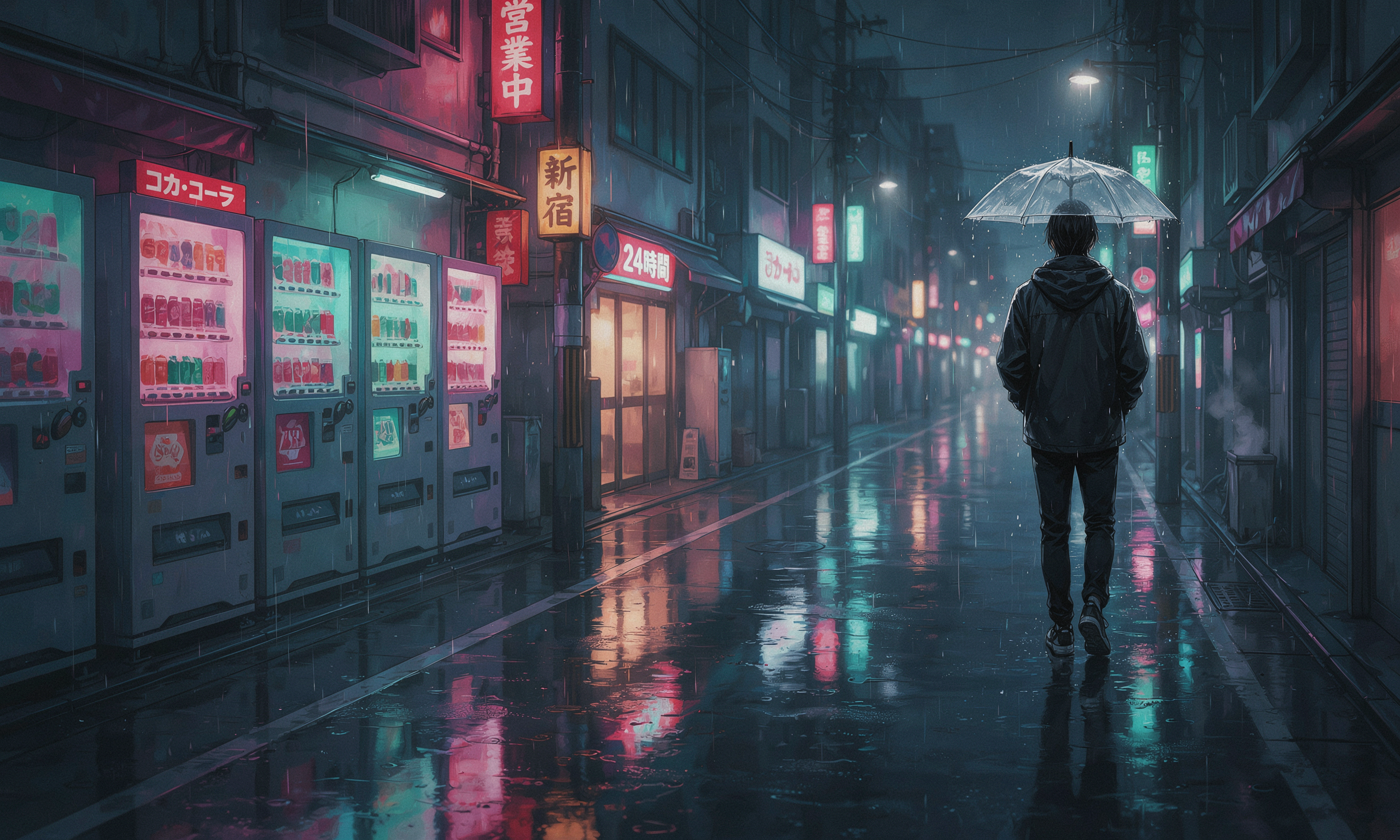 An anime-style street scene after rain, reflective pavement, glowing vending machines, a lone figure with a clear umbrella, cool blue and magenta palette