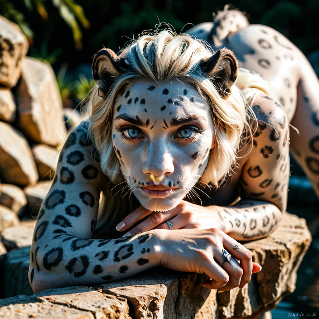 A majestic snow leopard resting on a rocky Himalayan ledge, piercing eyes, crisp wildlife photography