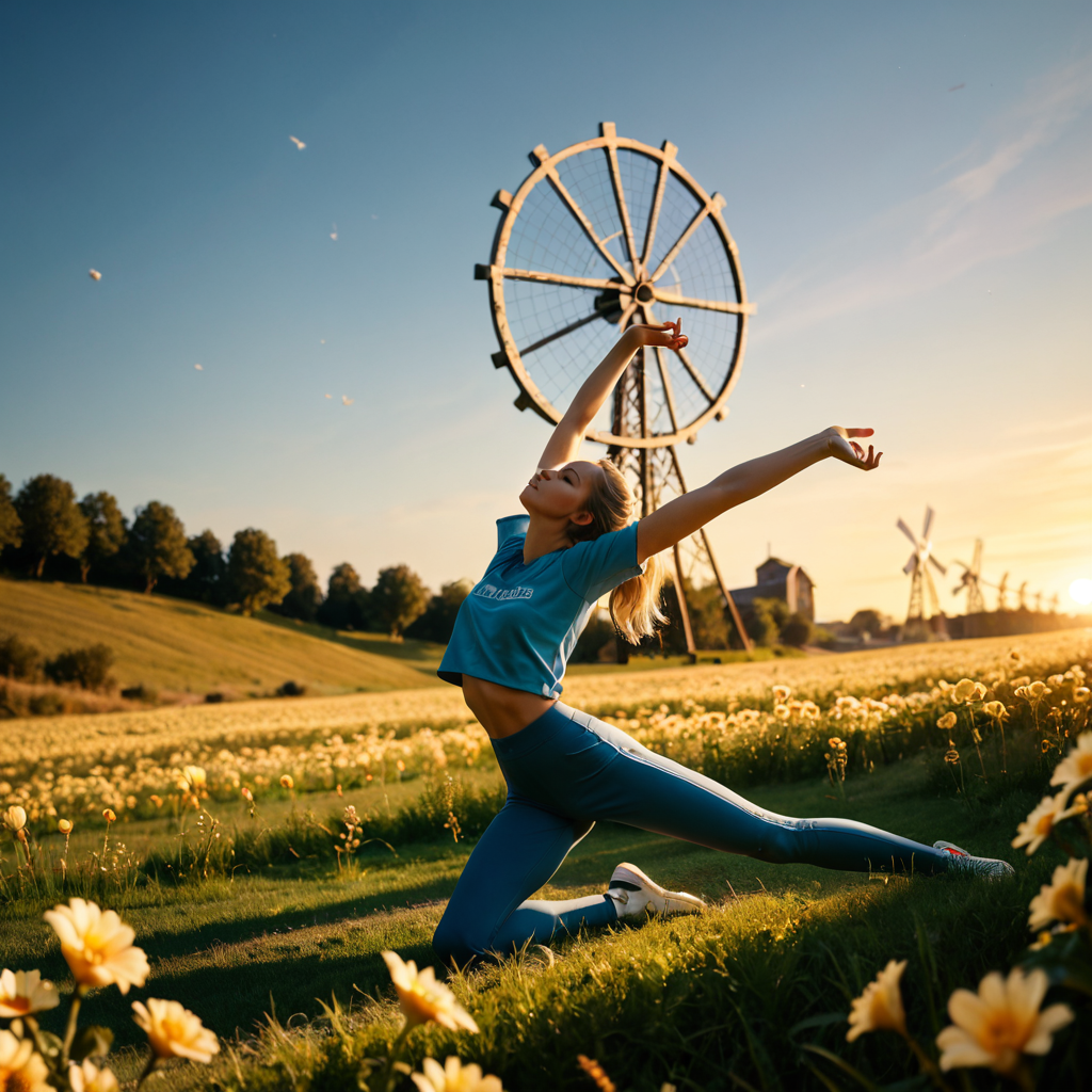 A field of vibrant tulips stretching to a windmill on the horizon, bright blue sky, Dutch countryside