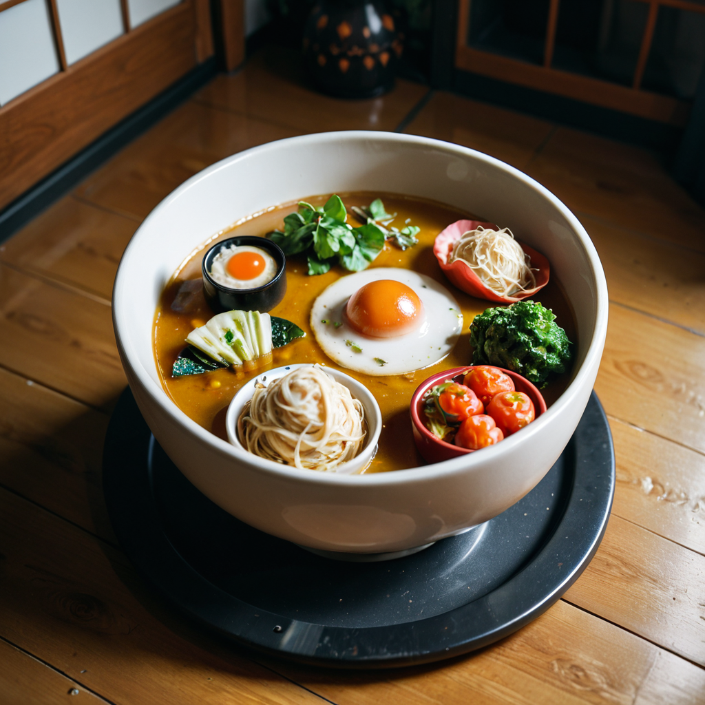 A detailed steaming bowl of ramen with fresh herbs and a soft egg, overhead shot, appetizing food photography