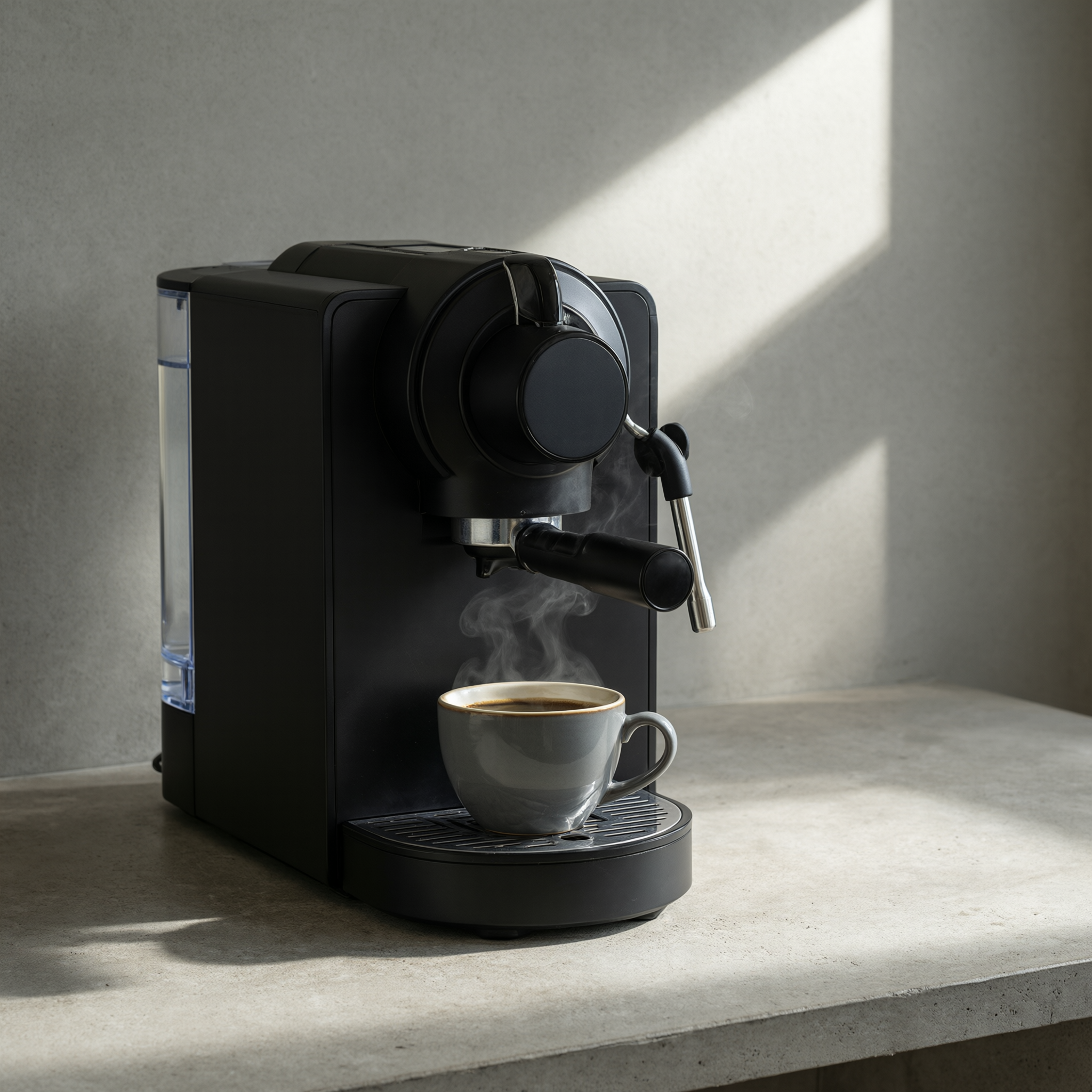 Minimalist product shot of a matte black espresso machine on a concrete counter, single beam of morning light, steam rising from a fresh cup, studio quality