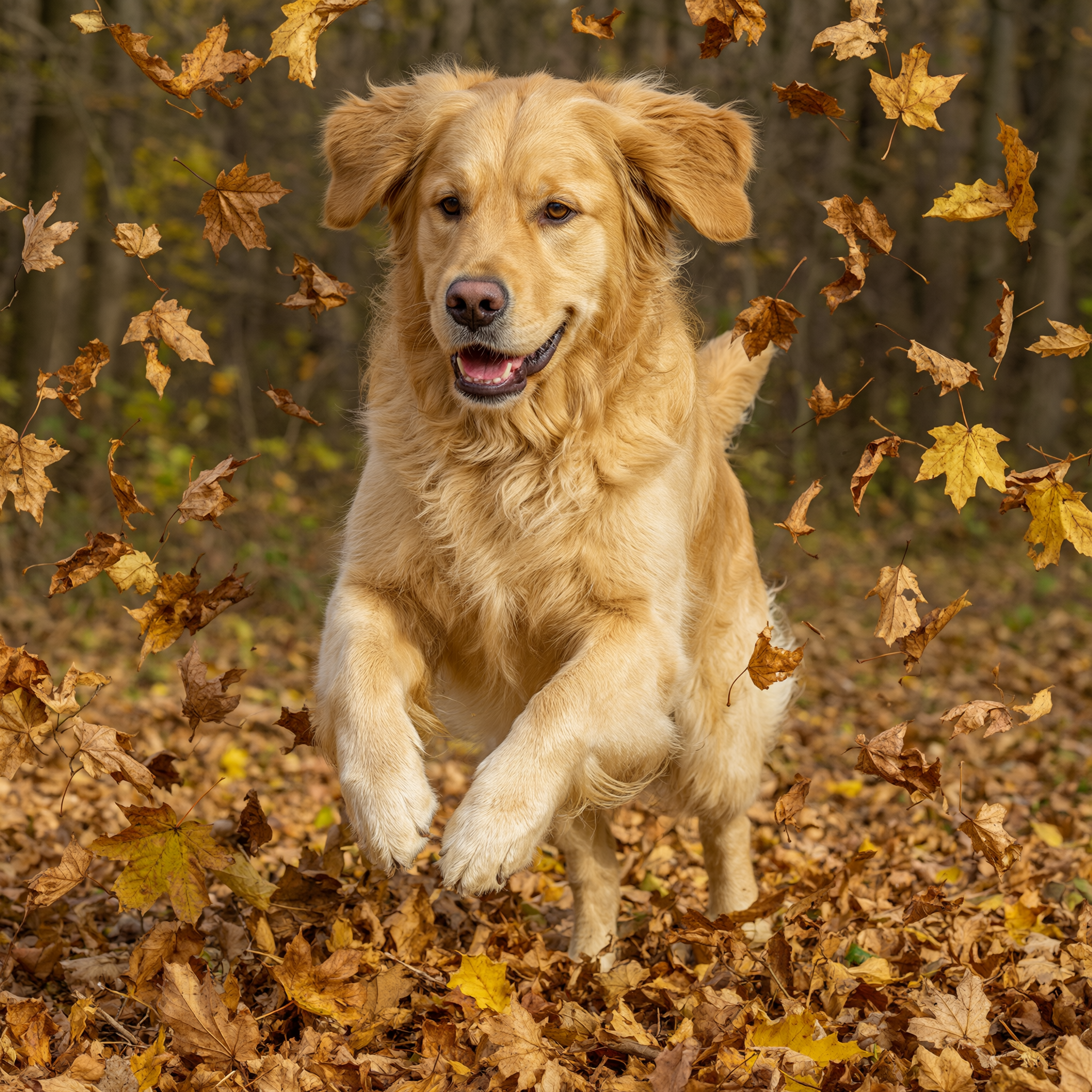 Golden retriever puppy mid-leap through autumn leaves, motion frozen, low afternoon sun, crisp fur detail, joyful energy