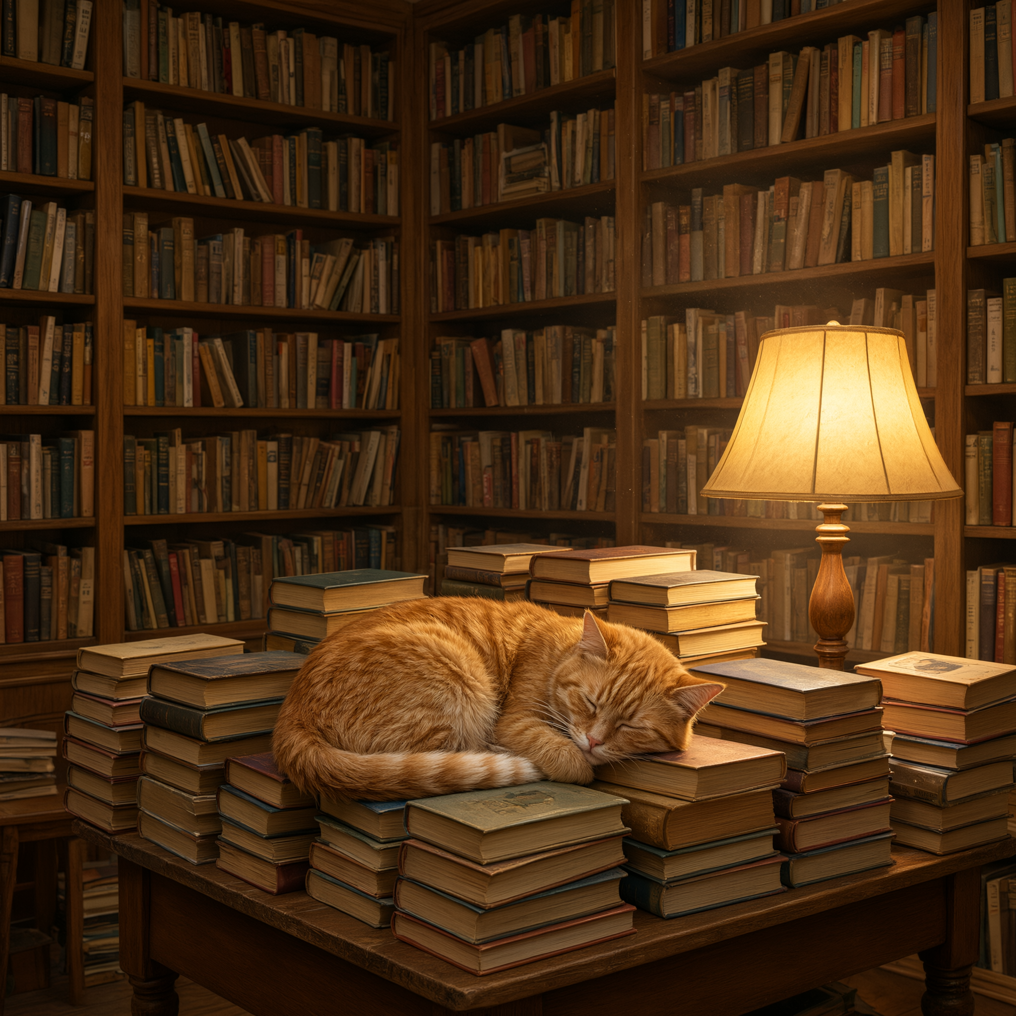 Cozy bookshop interior with floor-to-ceiling shelves, a ginger cat asleep on a stack of novels, warm lamp glow, dust motes in the air, storybook charm