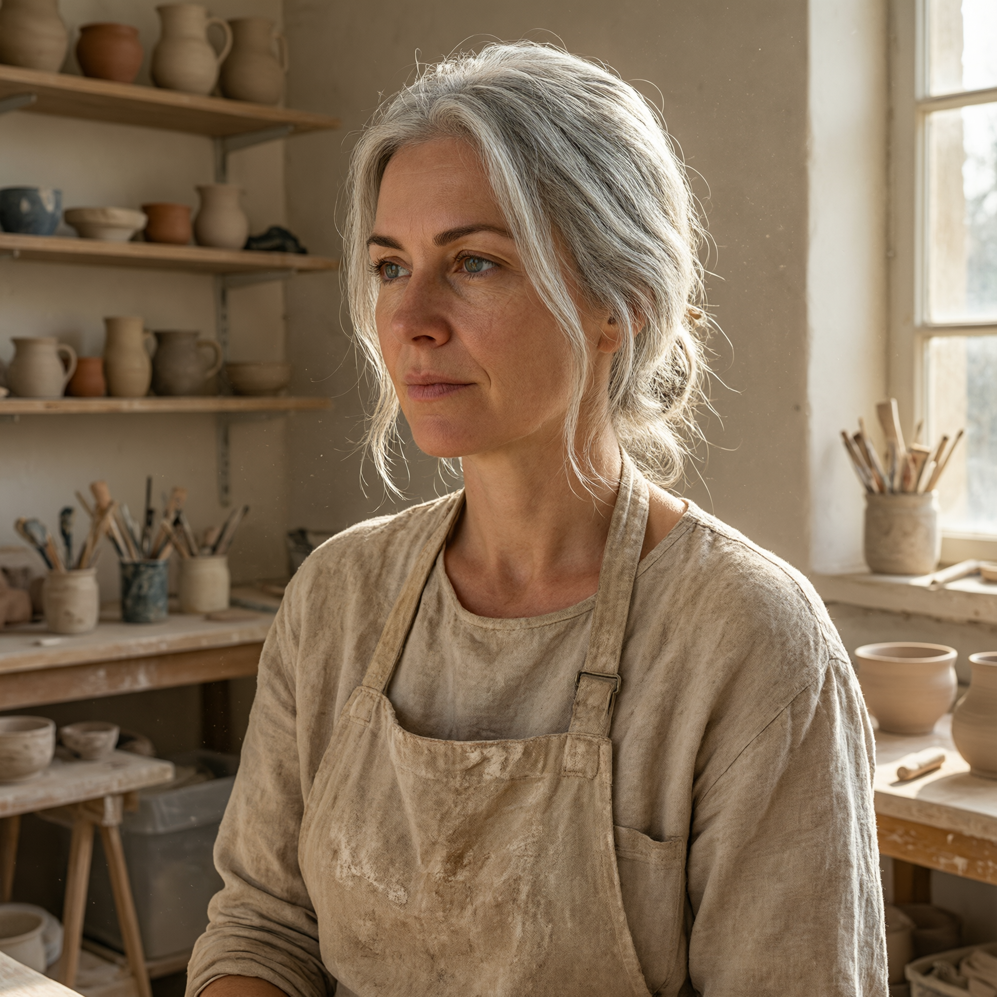 Portrait of a silver-haired ceramic artist in her sunlit studio, clay-dusted apron, warm window light catching floating dust, shallow depth of field, photorealistic