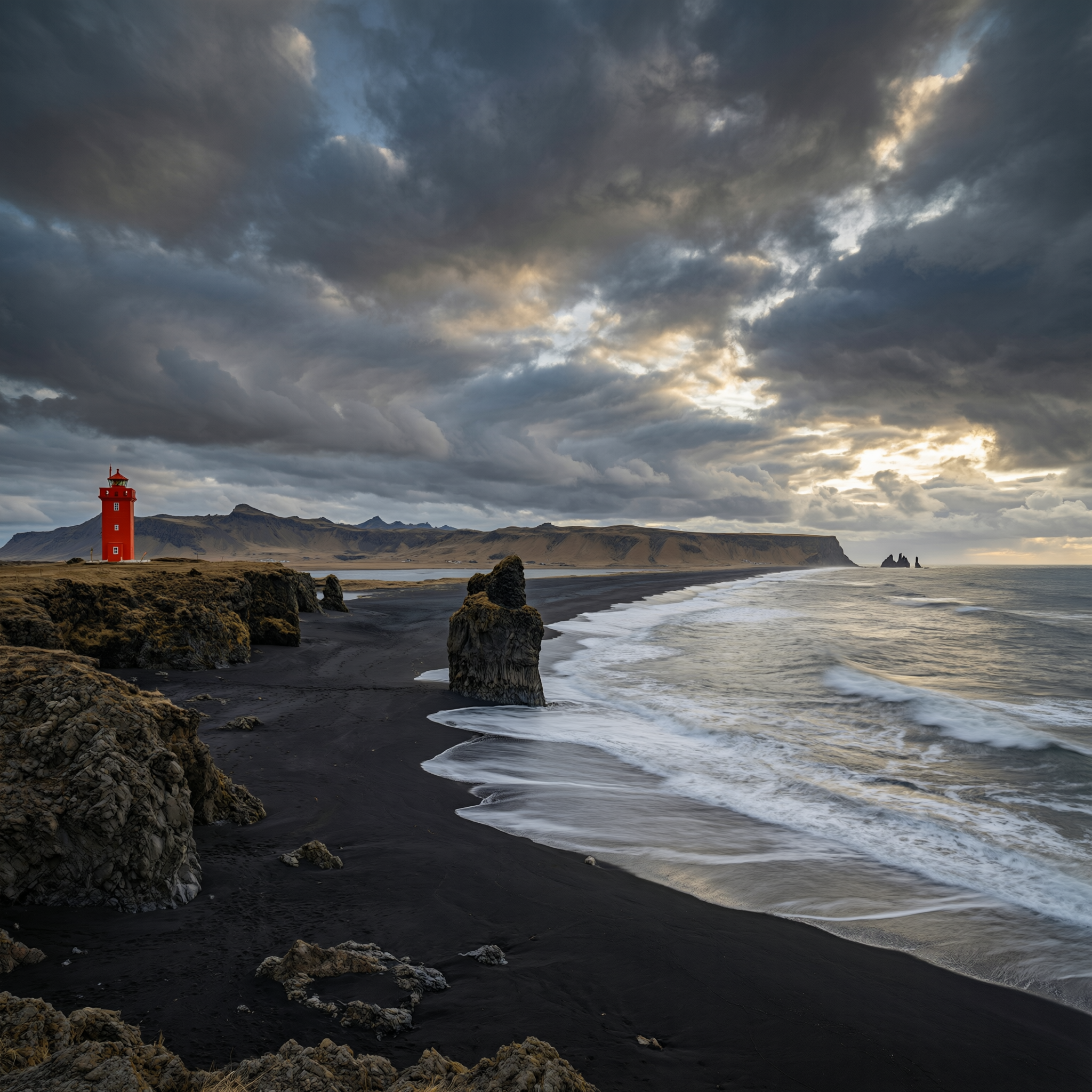 Vast Icelandic black sand beach at dawn, lone red lighthouse, dramatic storm clouds breaking, long exposure waves, epic landscape photography