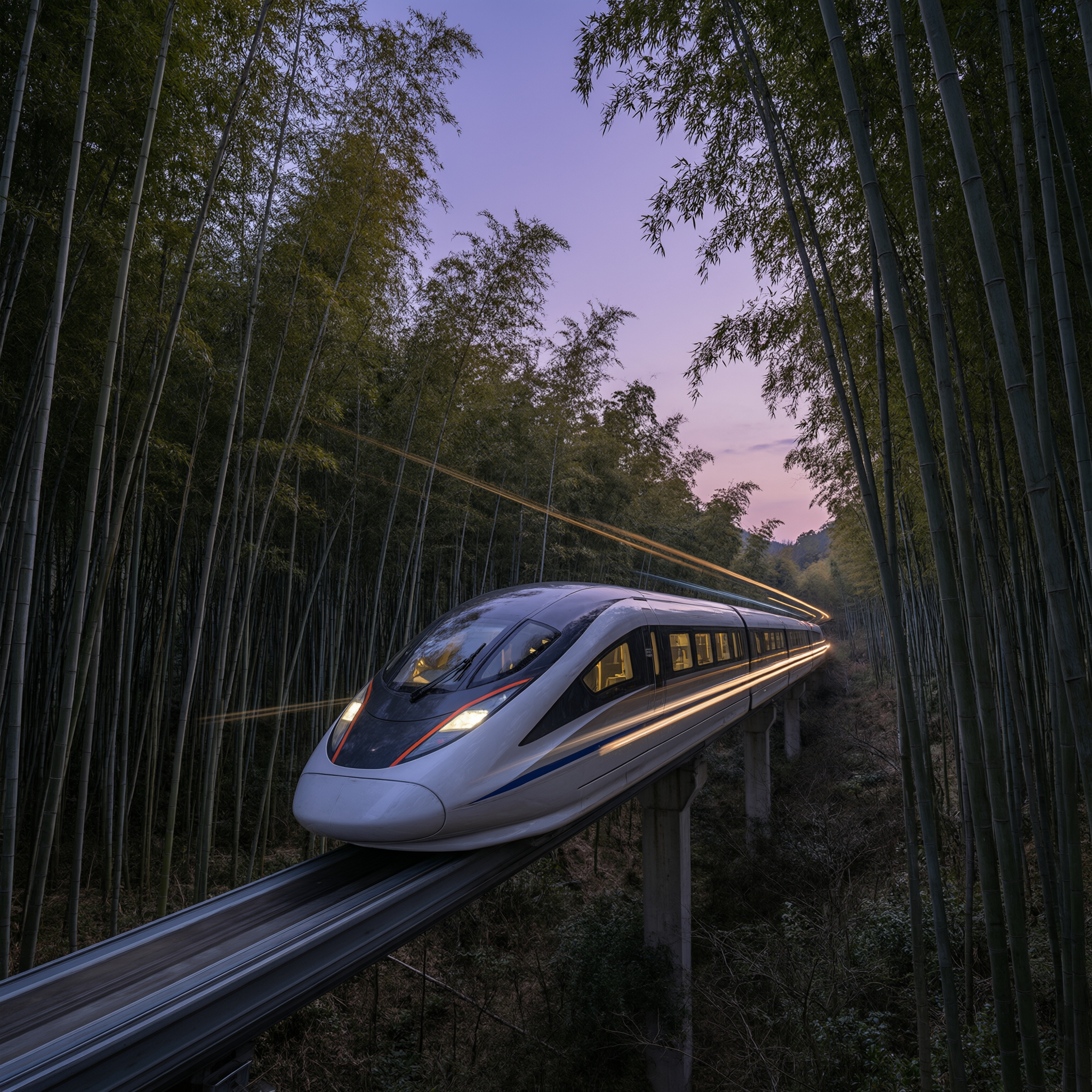Futuristic maglev train gliding through a bamboo forest at dusk, soft purple sky, light streaks, blend of nature and technology, concept art
