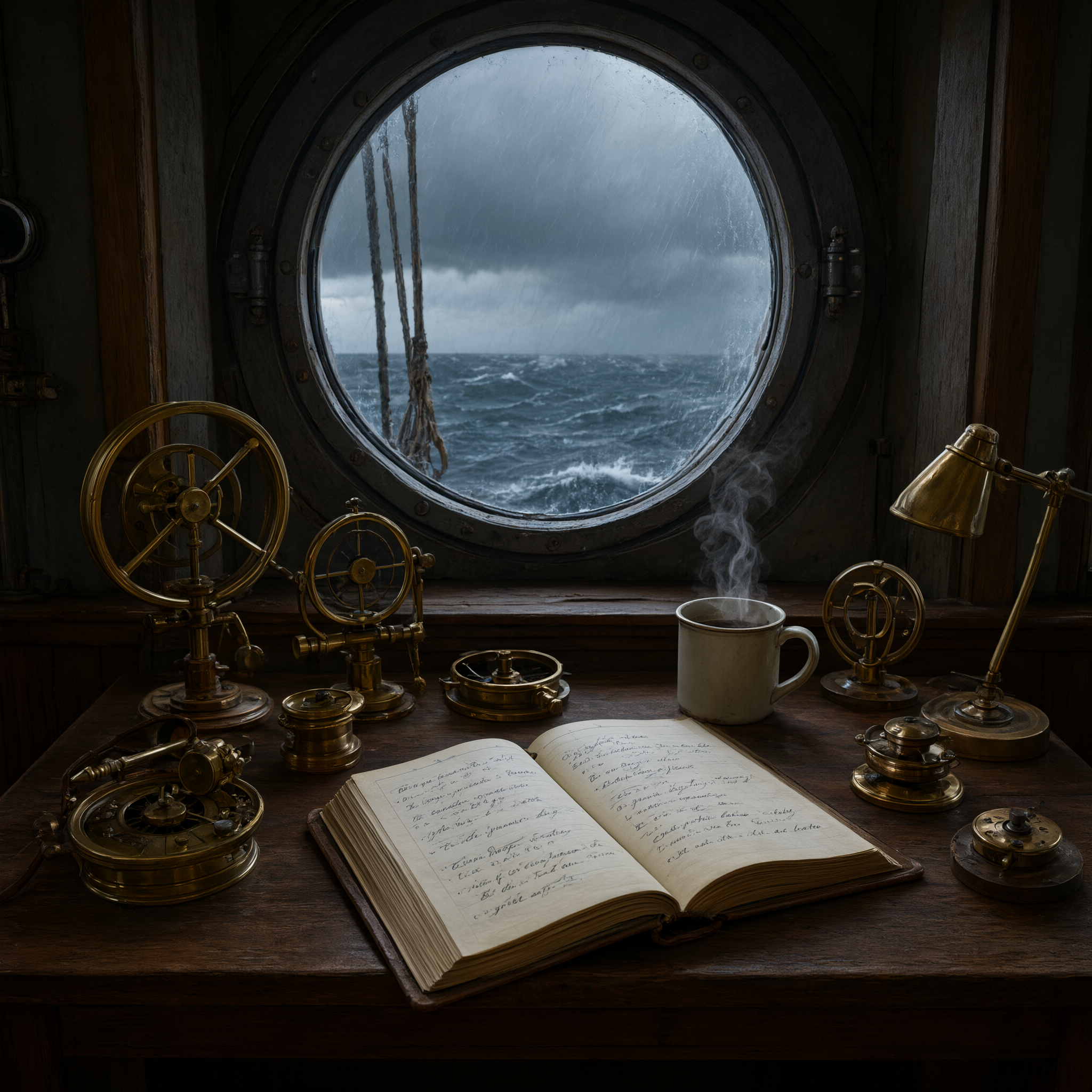 A lighthouse keeper's desk with brass instruments, an open logbook, a steaming mug, storm visible through the round window, moody maritime still life