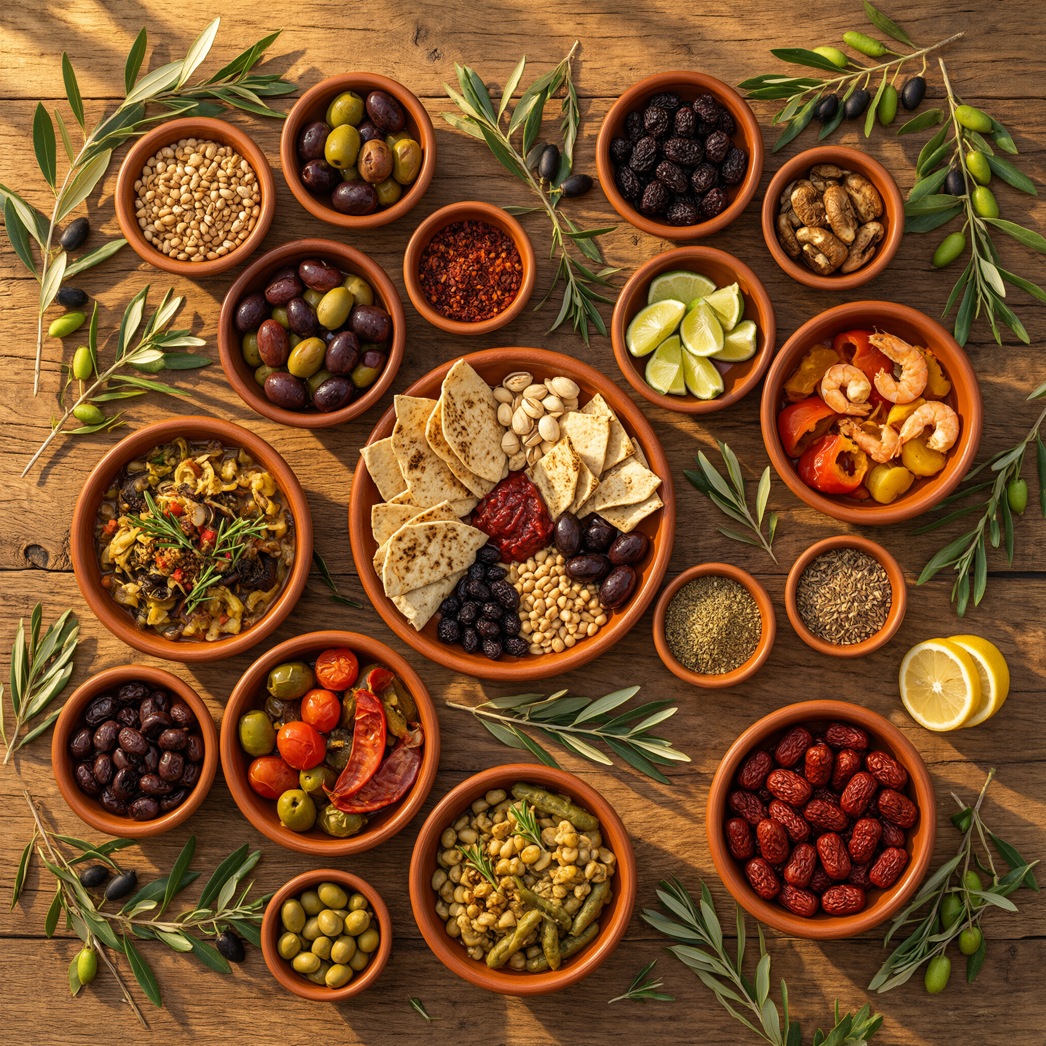Overhead flat lay of a Mediterranean mezze spread, olive branches, terracotta bowls, golden hour shadows, food magazine photography