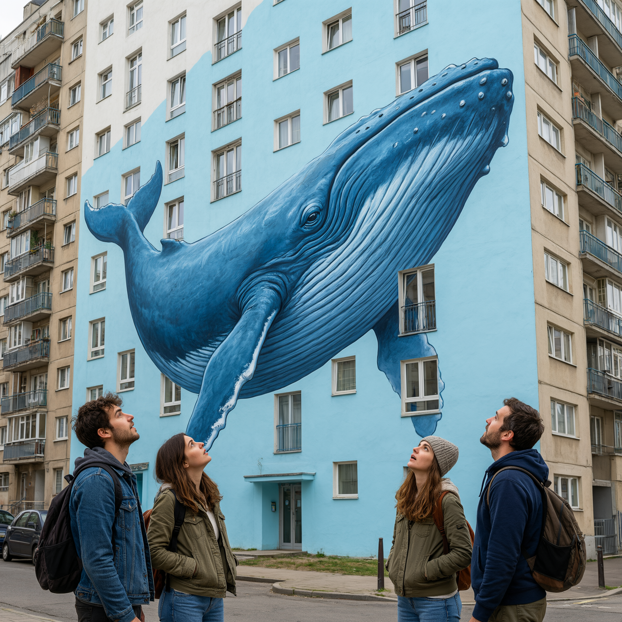 Street mural of a giant blue whale swimming between apartment windows, photorealistic trompe-l'oeil style, pedestrians looking up in wonder