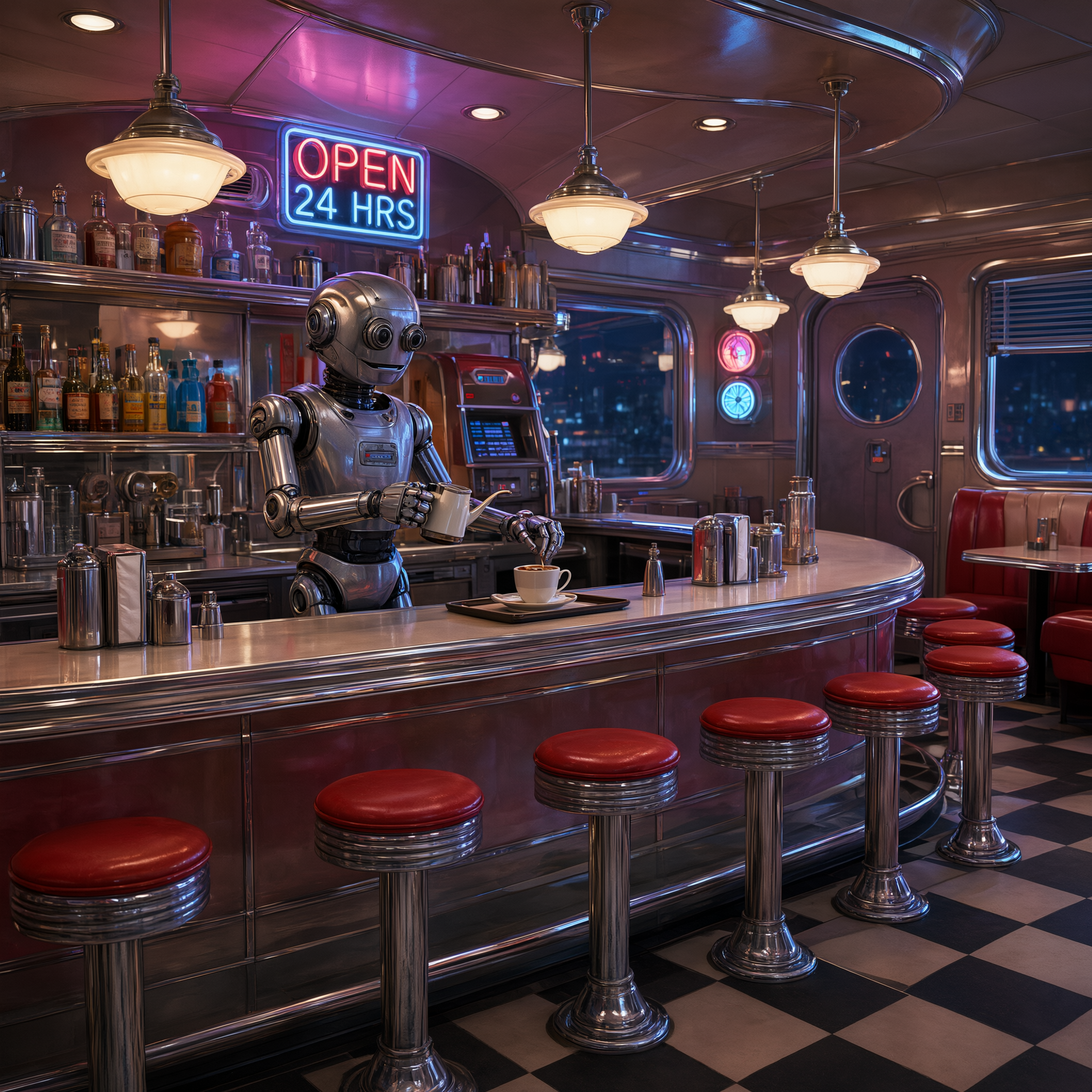 Retro-futuristic diner interior, chrome counter, cherry-red stools, robot waiter pouring coffee, neon sign reading "OPEN 24 HRS", 1950s sci-fi