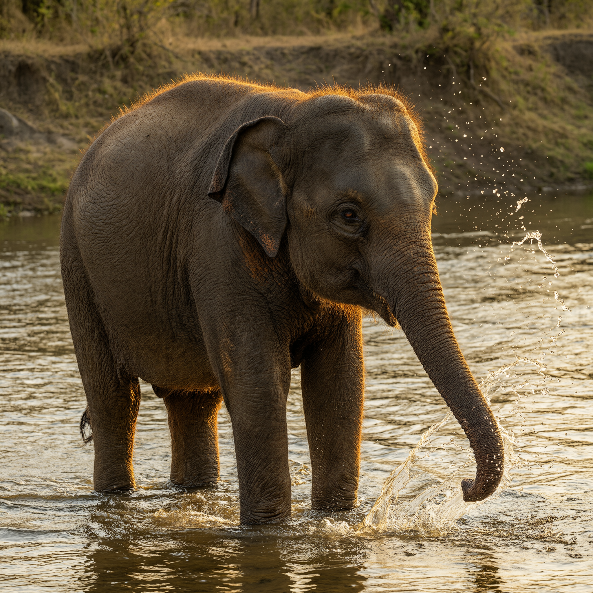 Baby elephant splashing in a shallow river at golden hour, water droplets frozen mid-air, warm rim lighting, wildlife photography