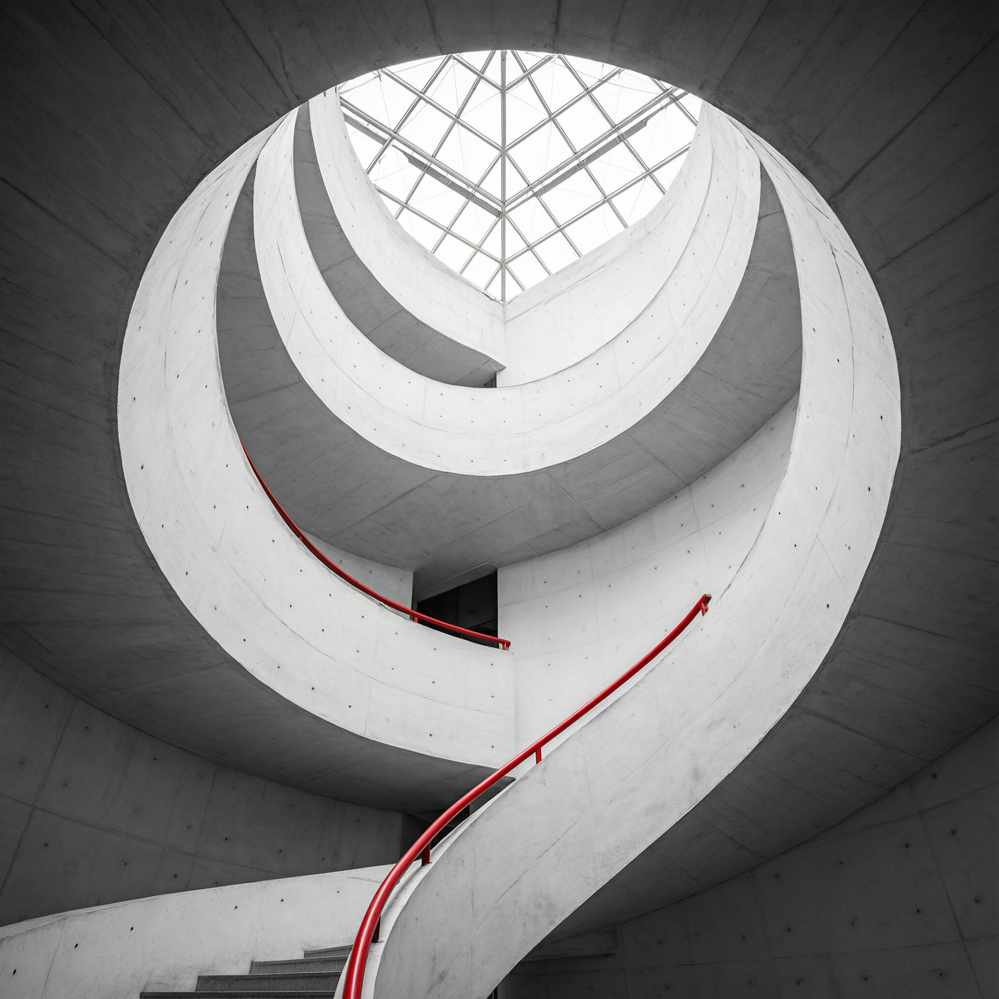 Architectural photo of a spiral staircase in white concrete, dramatic skylight above, minimalist geometry, black and white with one red handrail