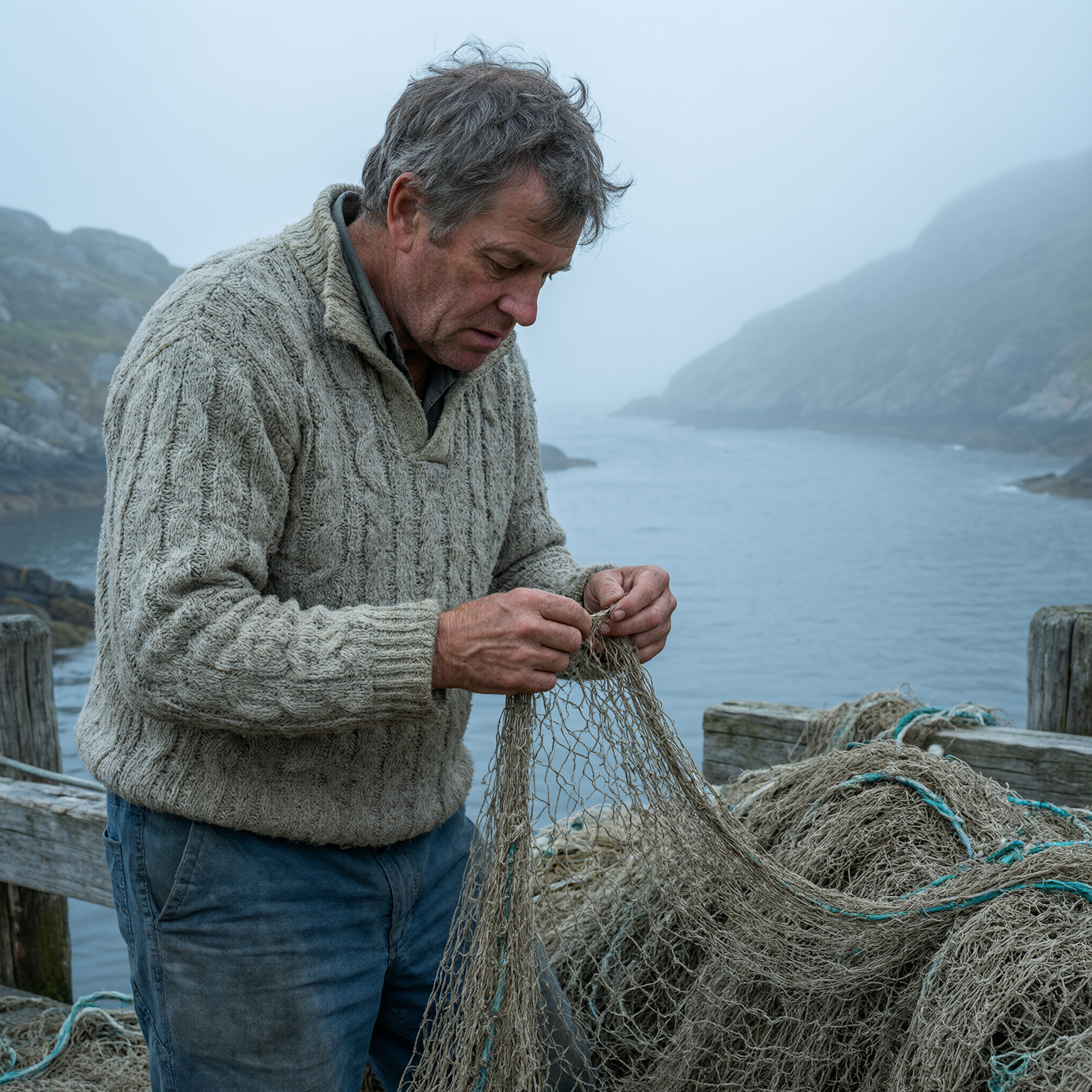 A weathered fisherman mending nets on a dock, cable-knit sweater, fog rolling over the harbor, muted blues and greys, environmental portrait